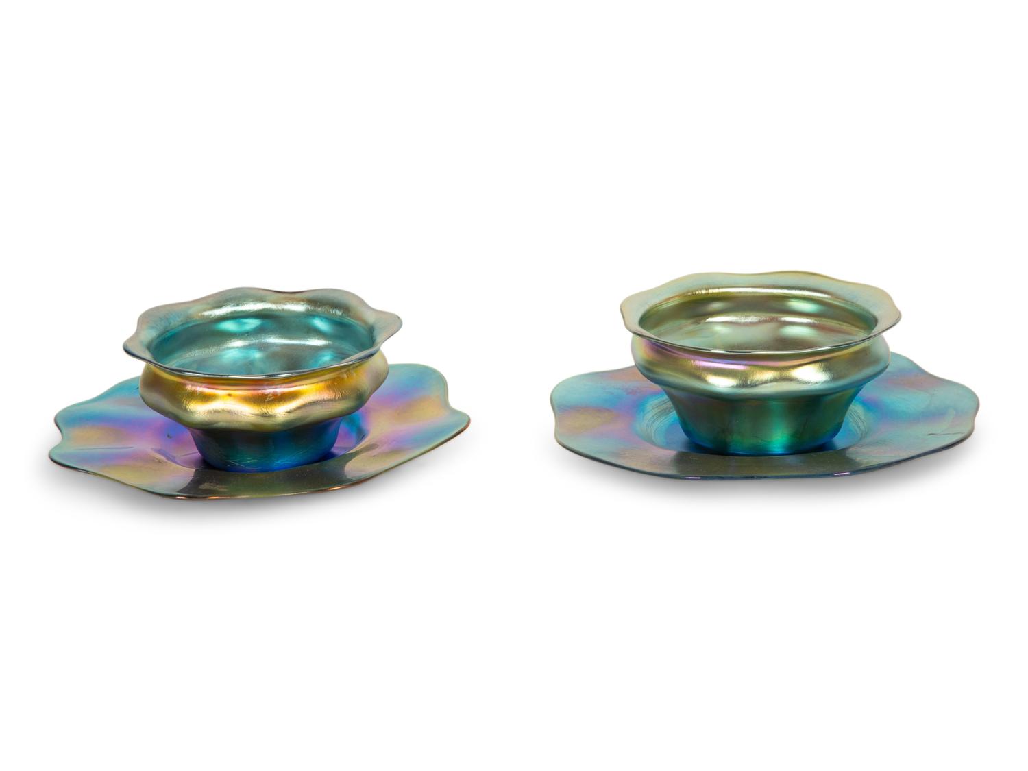 A Pair of Tiffany Studios Blue Favrile Glass Dessert Bowls and Plates
