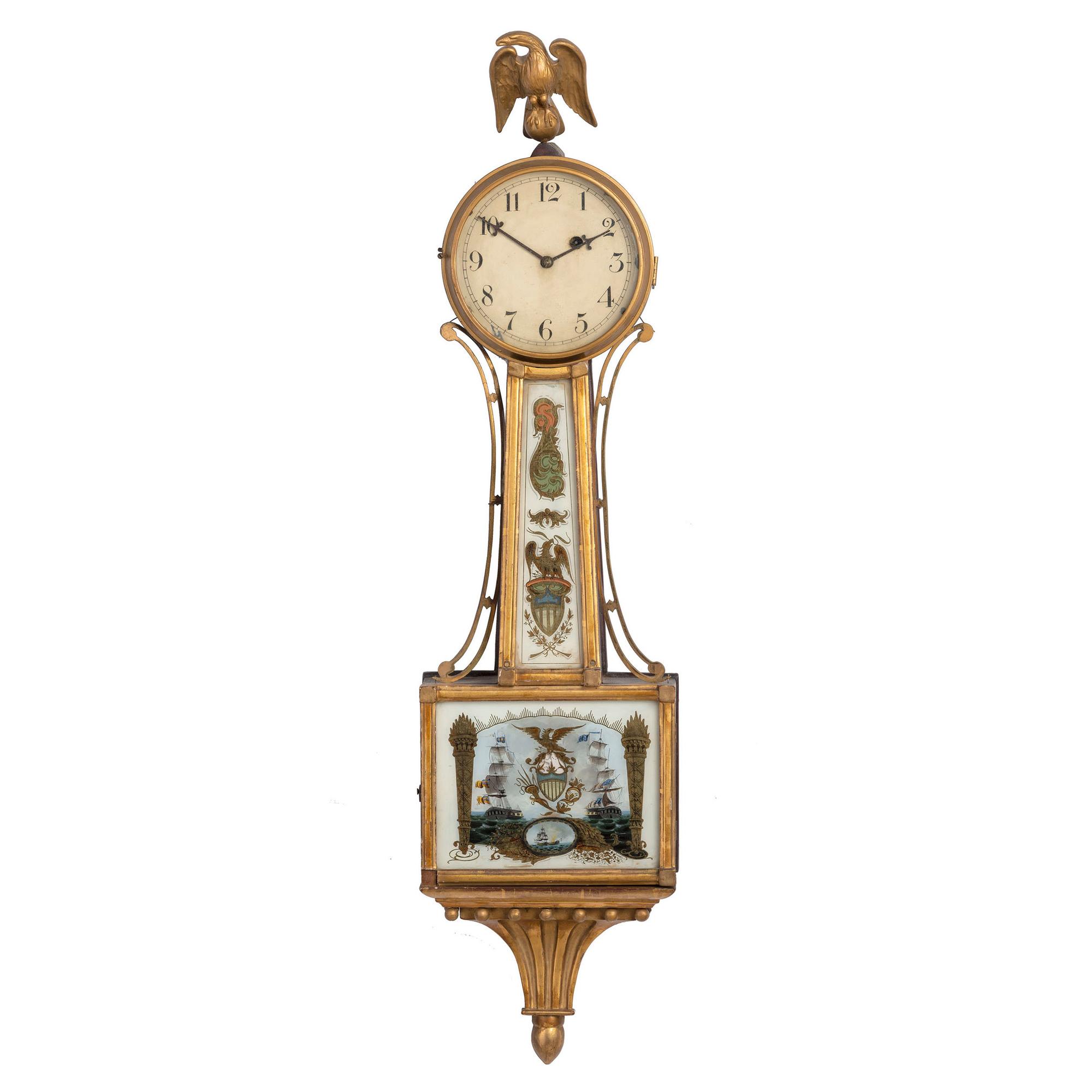 A Classical Eglomise Panel Inset Parcel-Gilt Decorated Mahogany USS Constitution Wall Clock