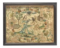 A Charles II Stumpwork Embroidery Panel Depicting Rebecca at the Well