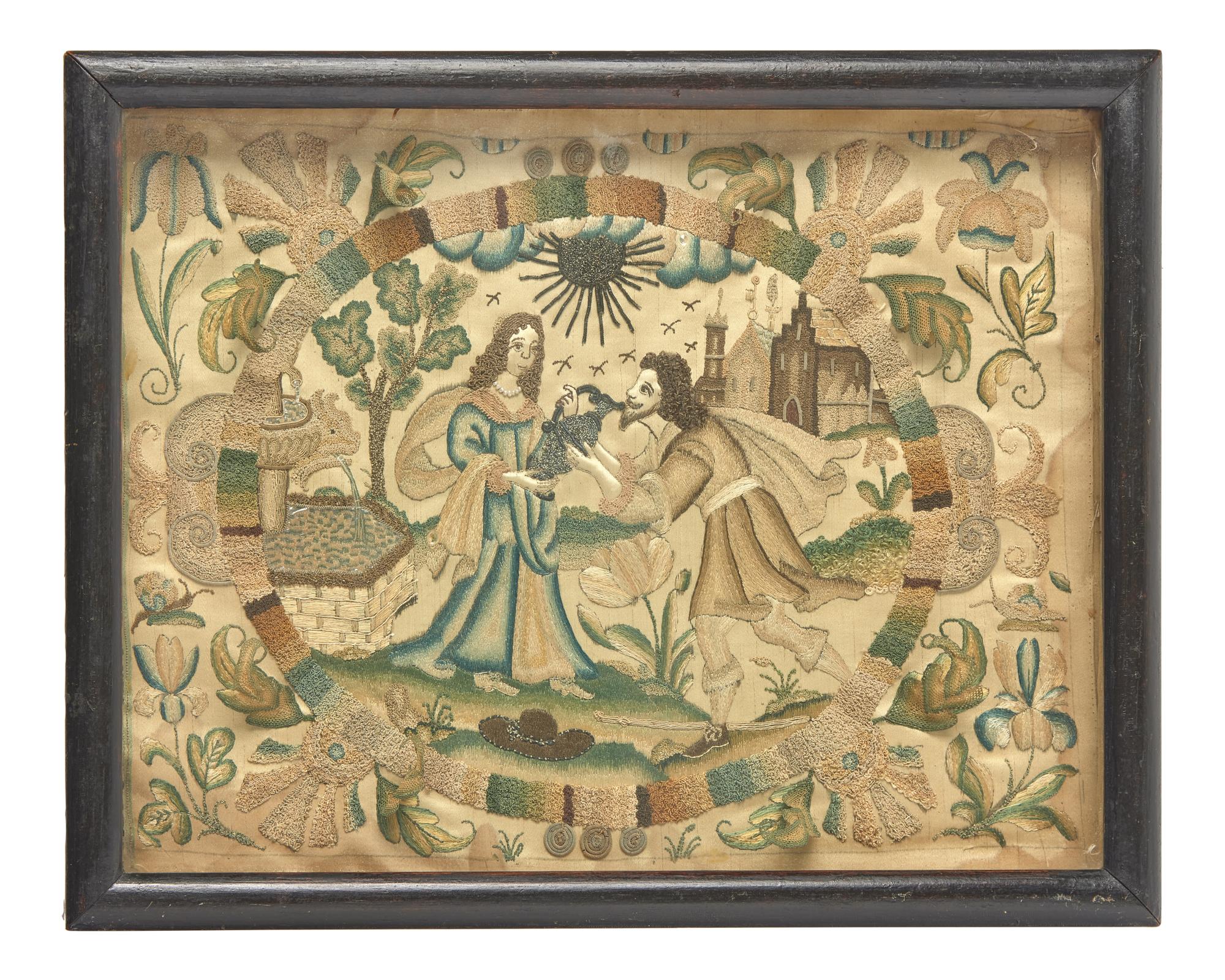 A Charles II Stumpwork Embroidery Panel Depicting Rebecca at the Well