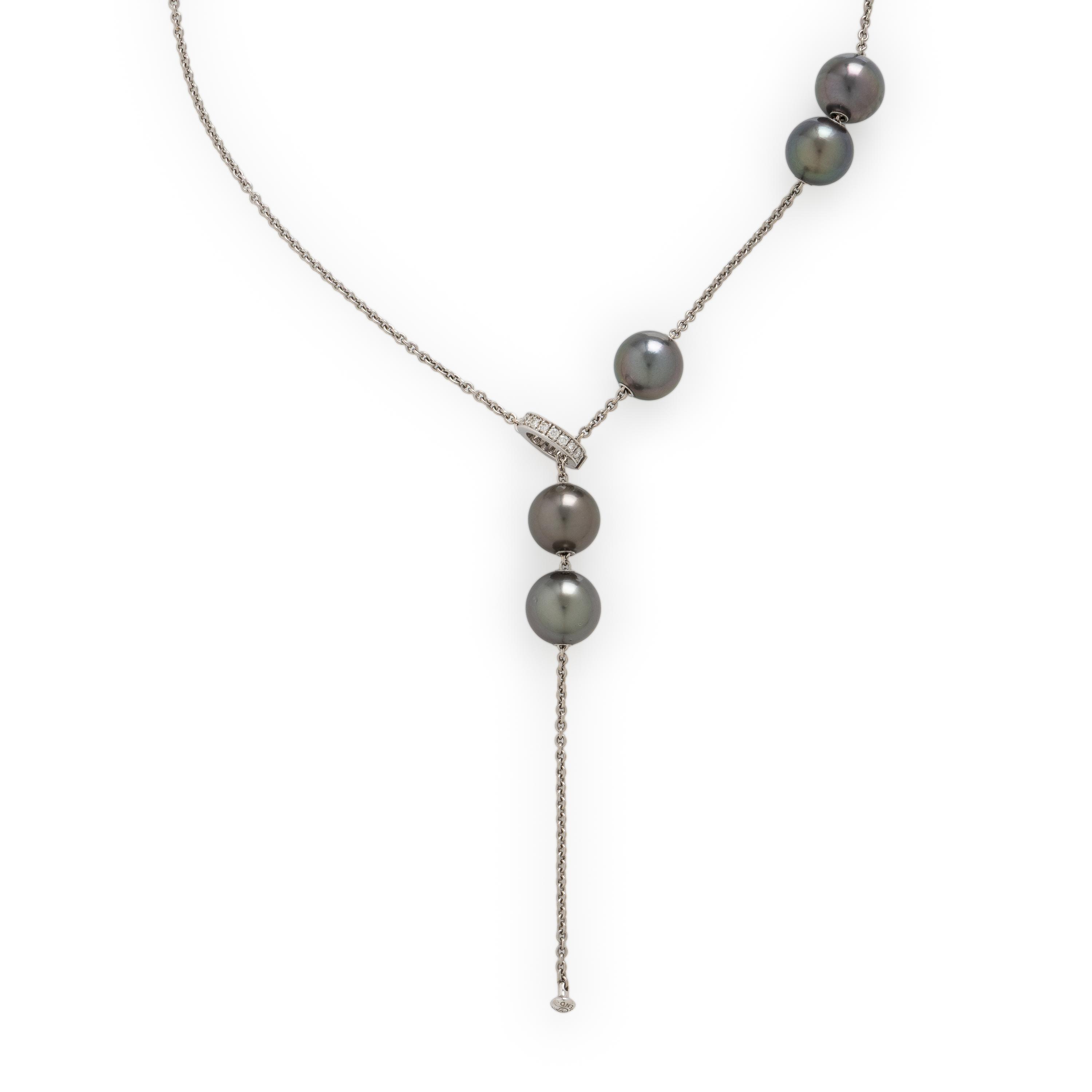 Mikimoto, Cultured Grey Pearl, Diamond, and White Gold Lariat Necklace