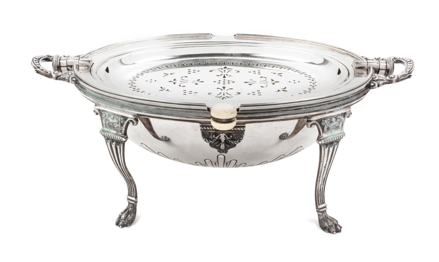 A Group of Five Silver-plate Serving Articles, , comprising a bacon server of ovoid form, the lid swiveling open to a pierced tray and