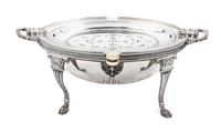 A Group of Five Silver-plate Serving Articles, , comprising a bacon server of ovoid form, the lid swiveling open to a pierced tray and