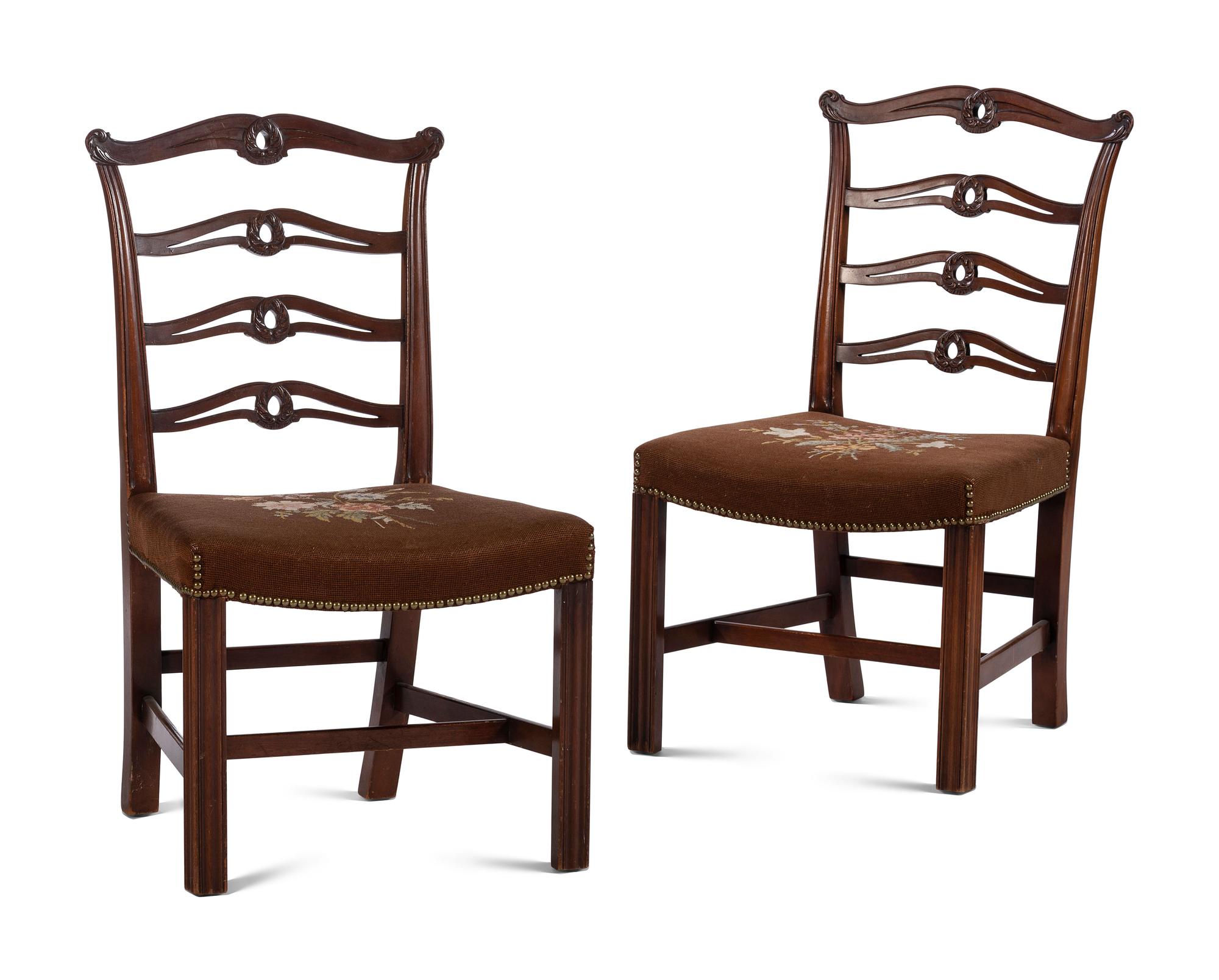A Pair of Needlepoint Upholstered Mahogany Ribbon Back Side Chairs