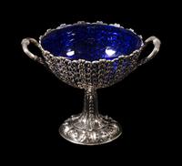 A Victorian Silver Compote with Cobalt Glass Liner