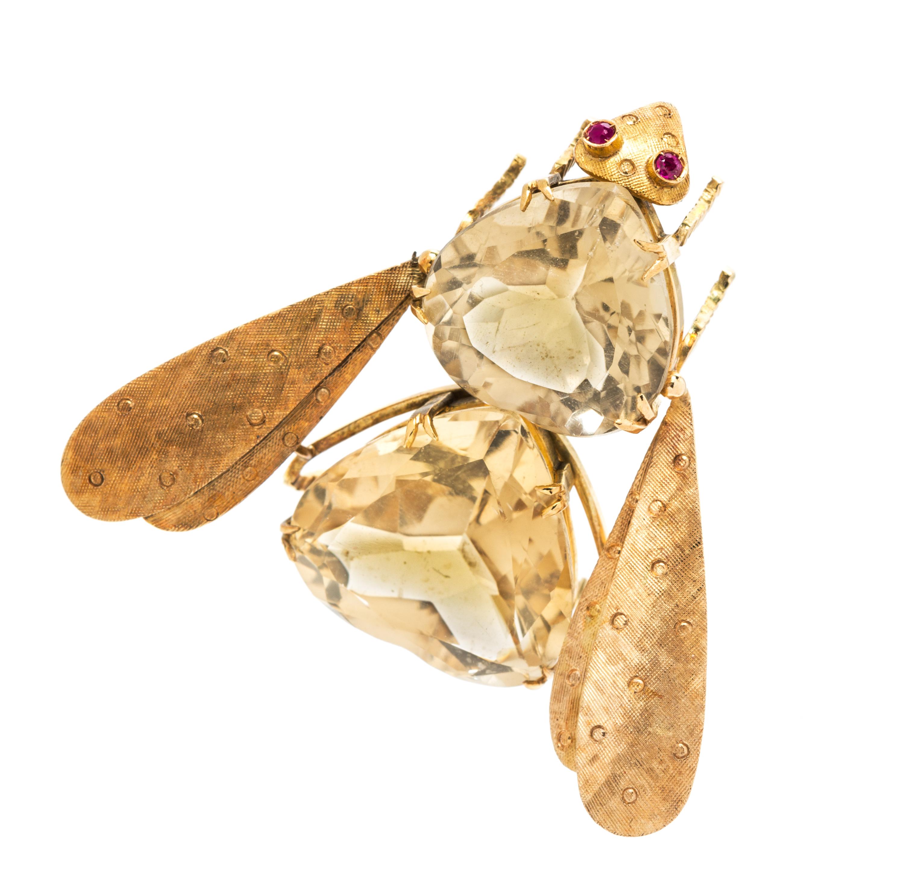 An 18 Karat Yellow Gold, Citrine and Ruby Bee Brooch, 13.40 dwts.