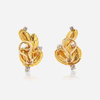 A Pair of 18K Yellow Gold and Diamond Ear Clips