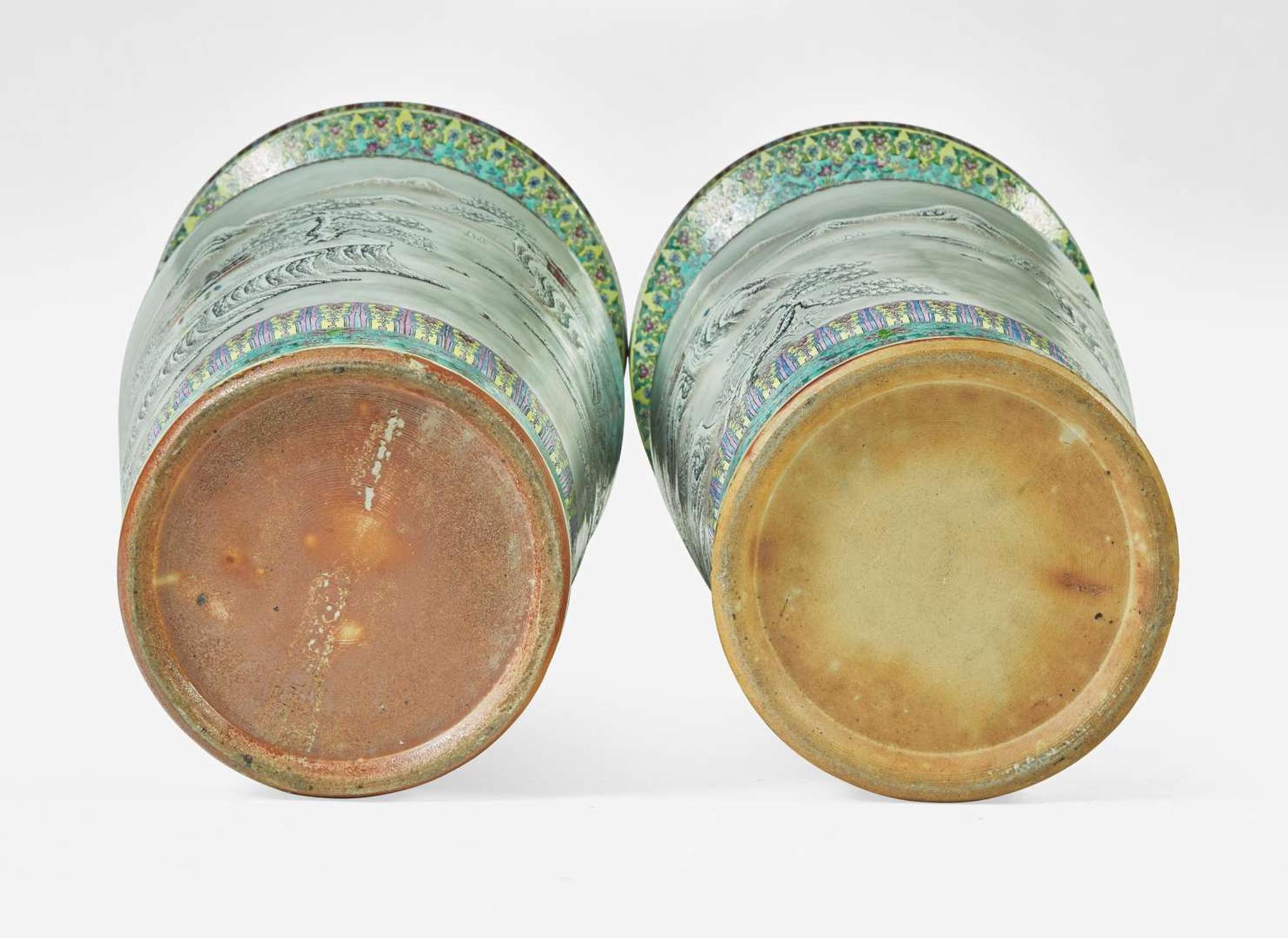 A pair of large Chinese enameled porcelain "Winter" vases 雪景盤口大瓶一對