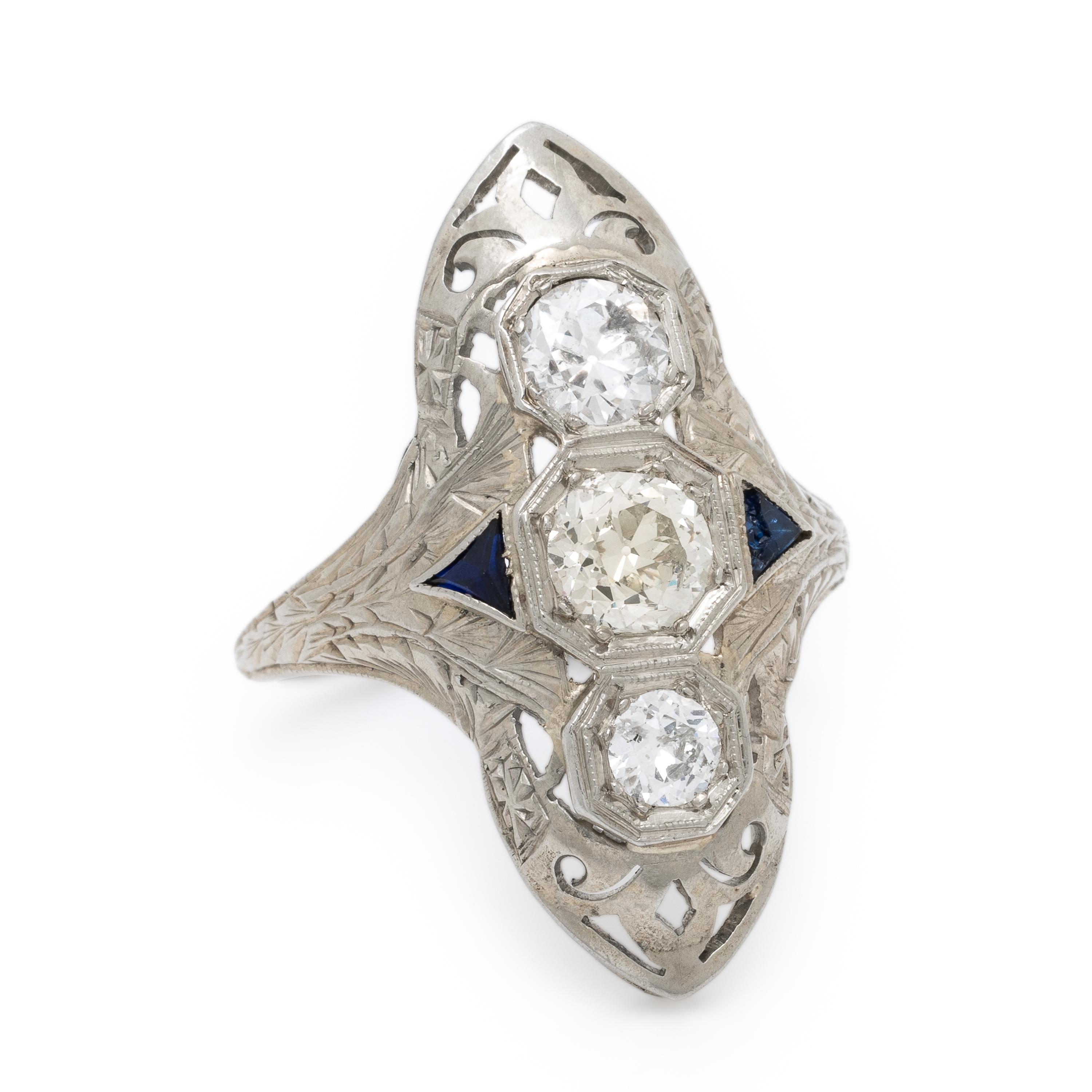 Diamond, Synthetic Sapphire, and White Gold Ring