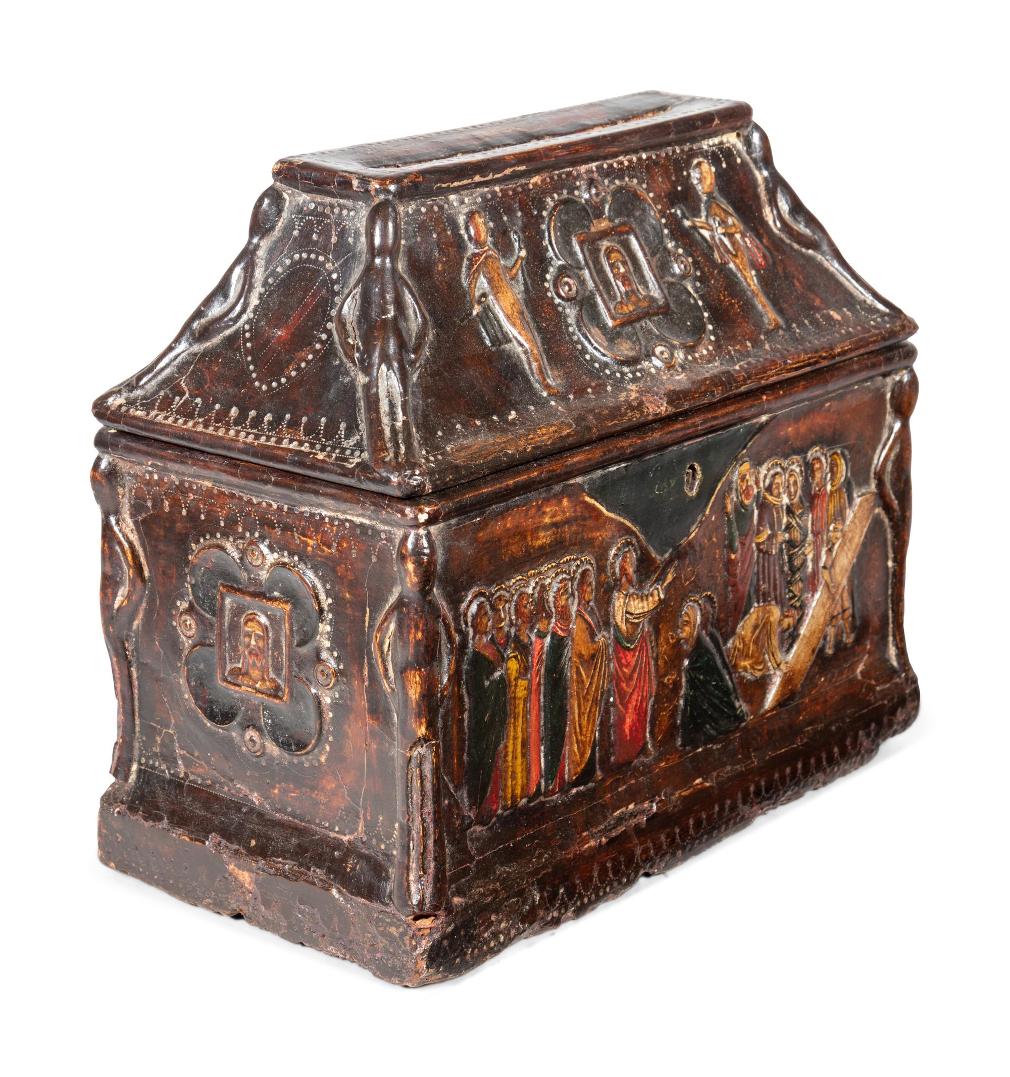 An Italian Polychrome Decorated Salt Box Depicting Scenes from the Crucifixion