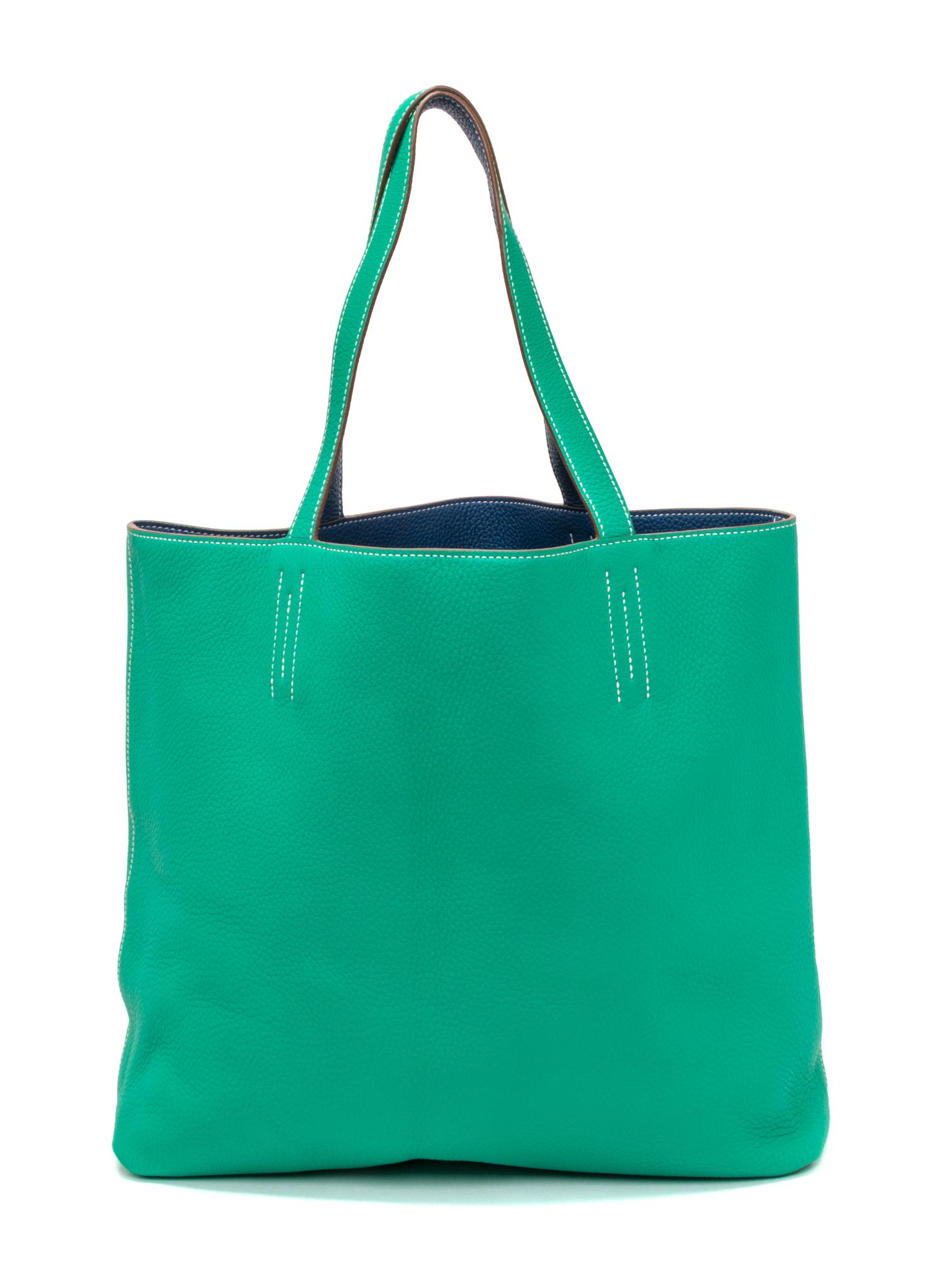 An Hermes Bleu Thalassa/Menthe 45cm Taurillon Clemence Double Sens Tote, 17.5" x 15.5" x 5".