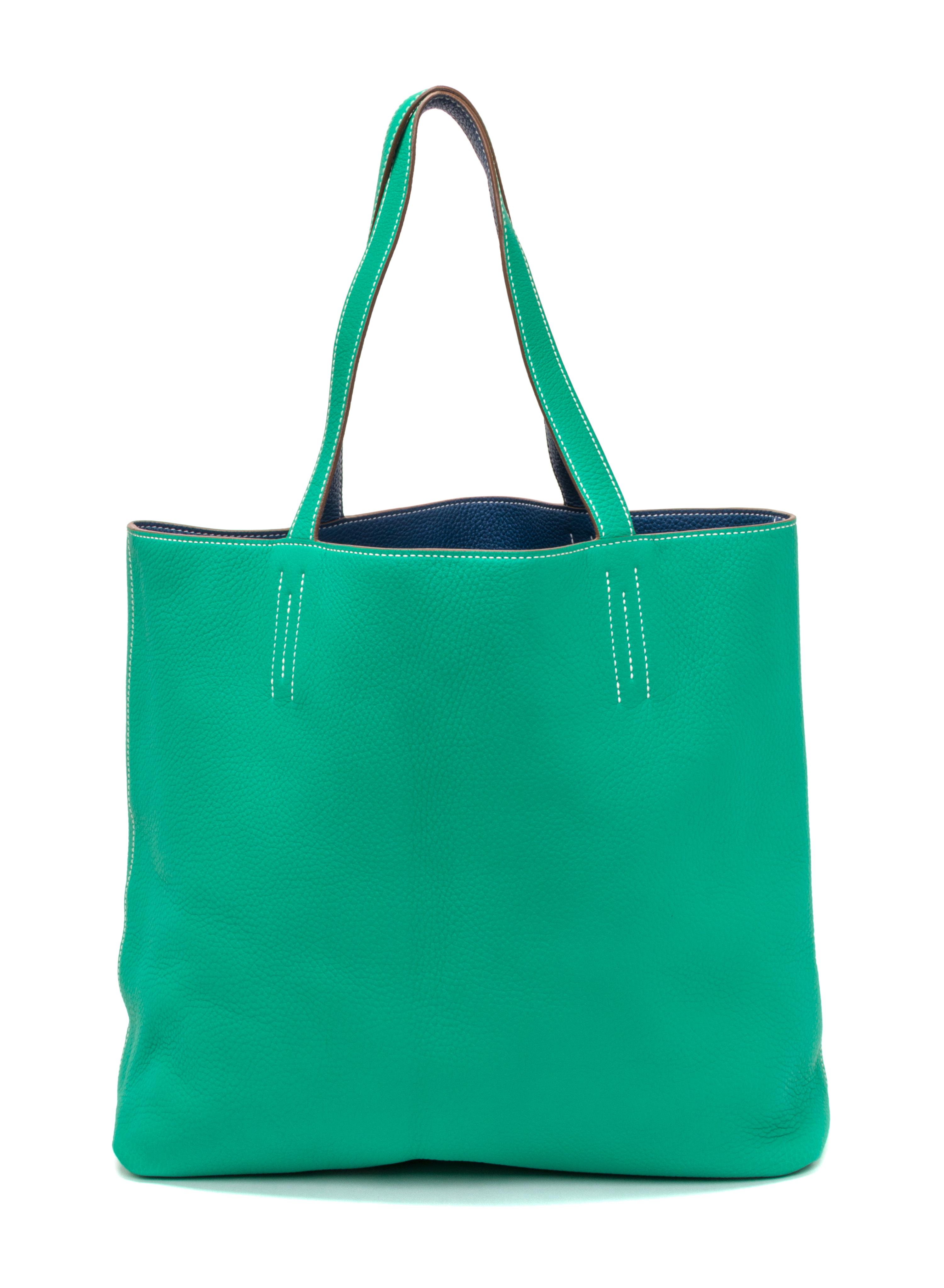 An Hermes Bleu Thalassa/Menthe 45cm Taurillon Clemence Double Sens Tote, 17.5" x 15.5" x 5".