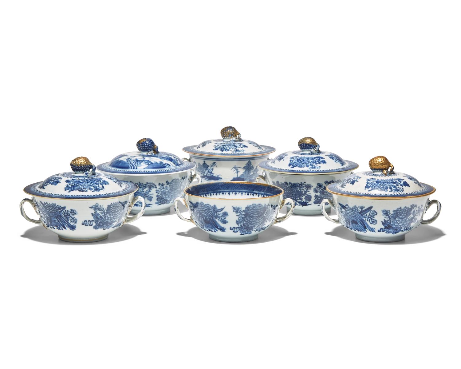 A Group of Six Chinese Export Porcelain Blue Fitzhugh Double-Handled Bowls with Five Covers