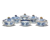 A Group of Six Chinese Export Porcelain Blue Fitzhugh Double-Handled Bowls with Five Covers