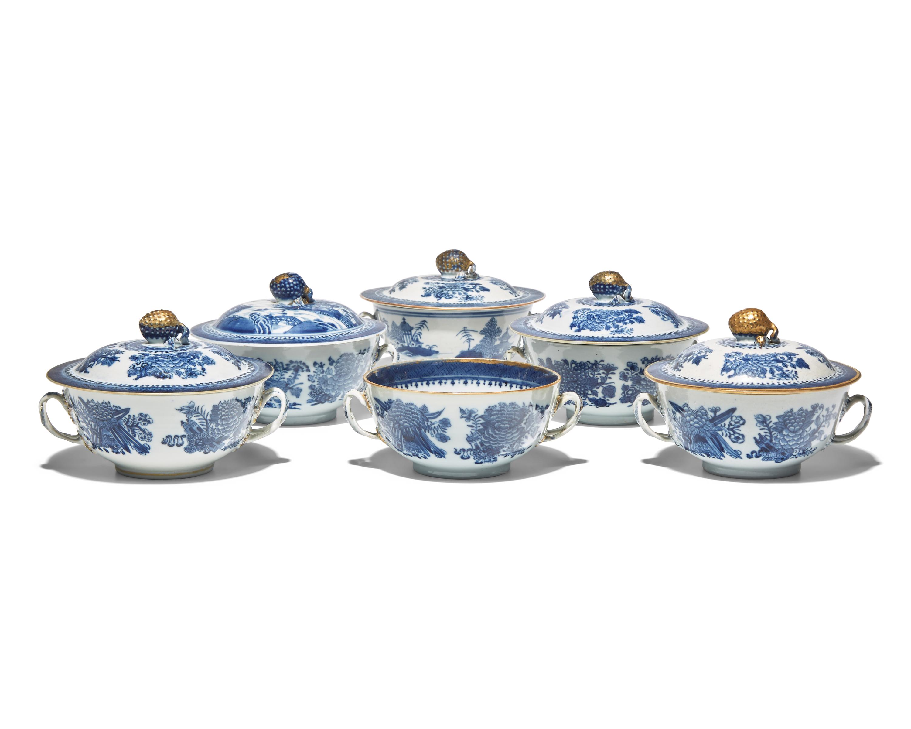 A Group of Six Chinese Export Porcelain Blue Fitzhugh Double-Handled Bowls with Five Covers