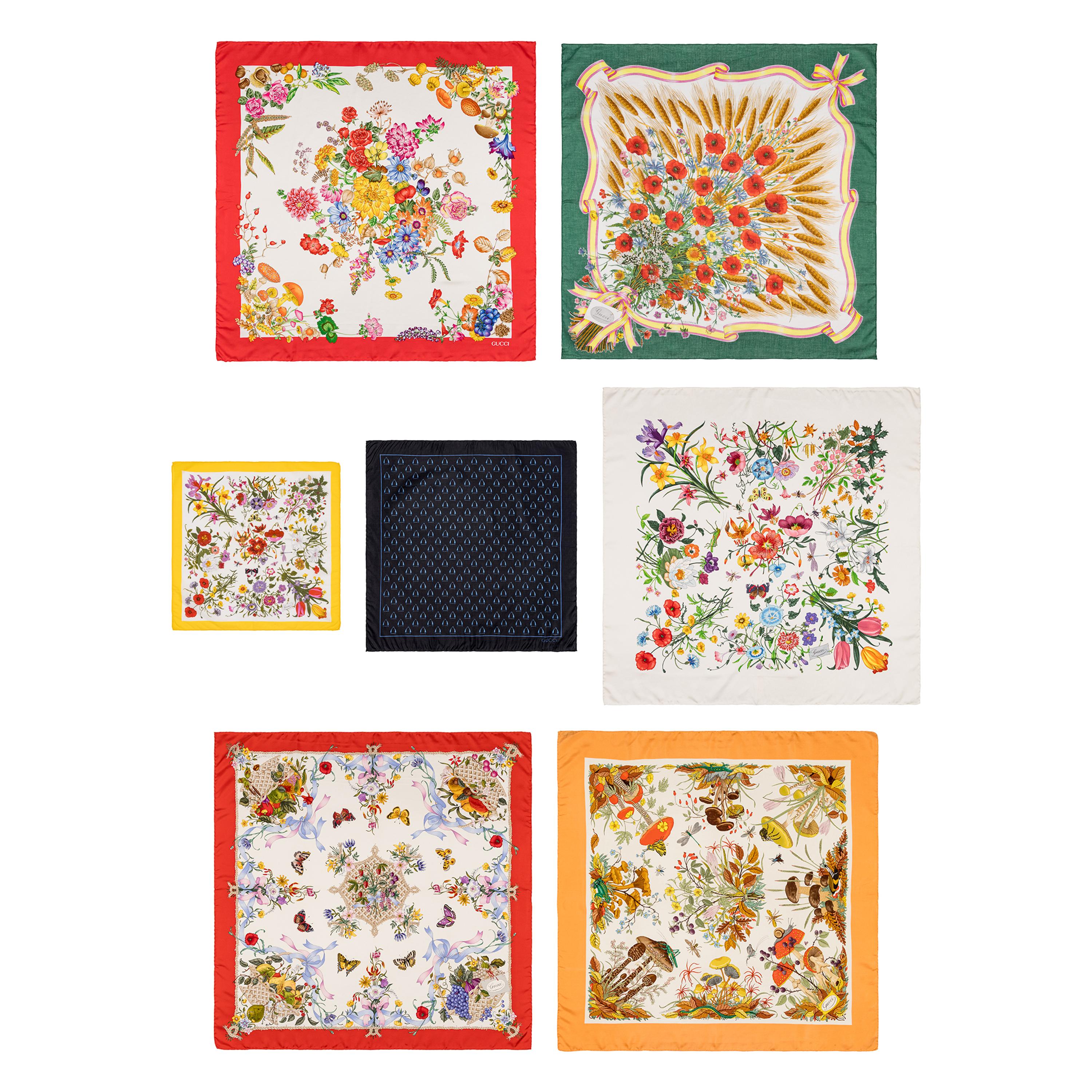 Gucci, Five Silk & Two Cotton Scarves
