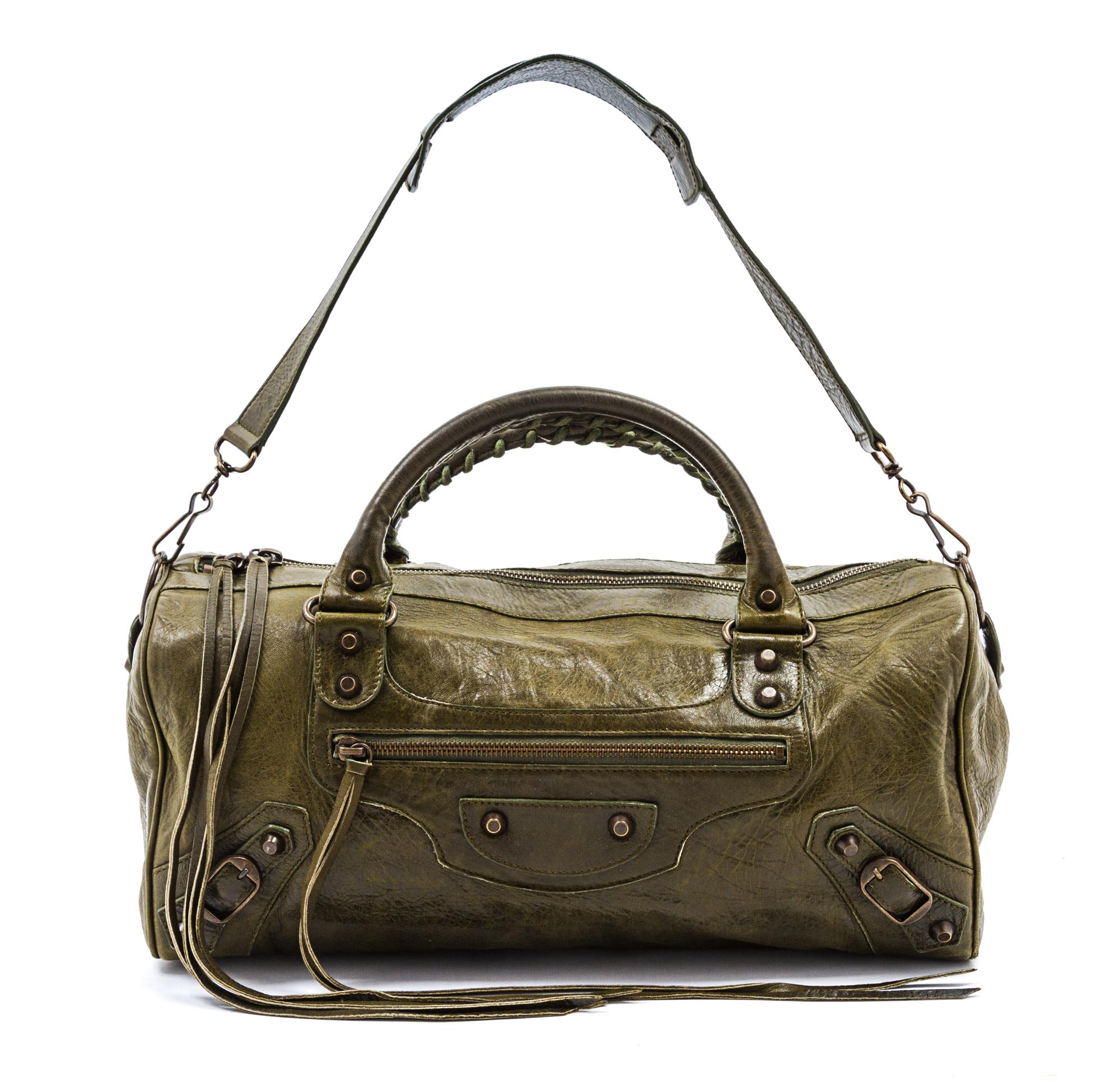 A Balenciaga Green Leather Motorcycle Bag, 17 x 7 x 5 1/2 inches.