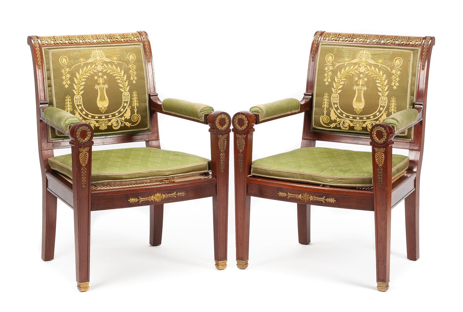 A Pair of Empire Style Gilt Bronze Mounted Mahogany Armchairs Height 37 inches. — 19TH CENTURY
