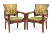 A Pair of Empire Style Gilt Bronze Mounted Mahogany Armchairs Height 37 inches. — 19TH CENTURY
