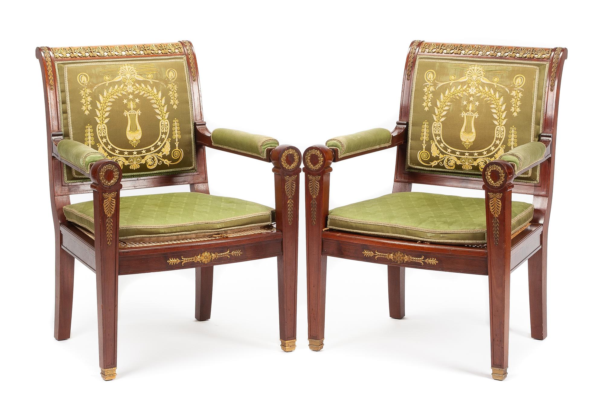 A Pair of Empire Style Gilt Bronze Mounted Mahogany Armchairs Height 37 inches. — 19TH CENTURY