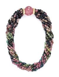 TOURMALINE, GLASS AND DIAMOND TORSADE NECKLACE