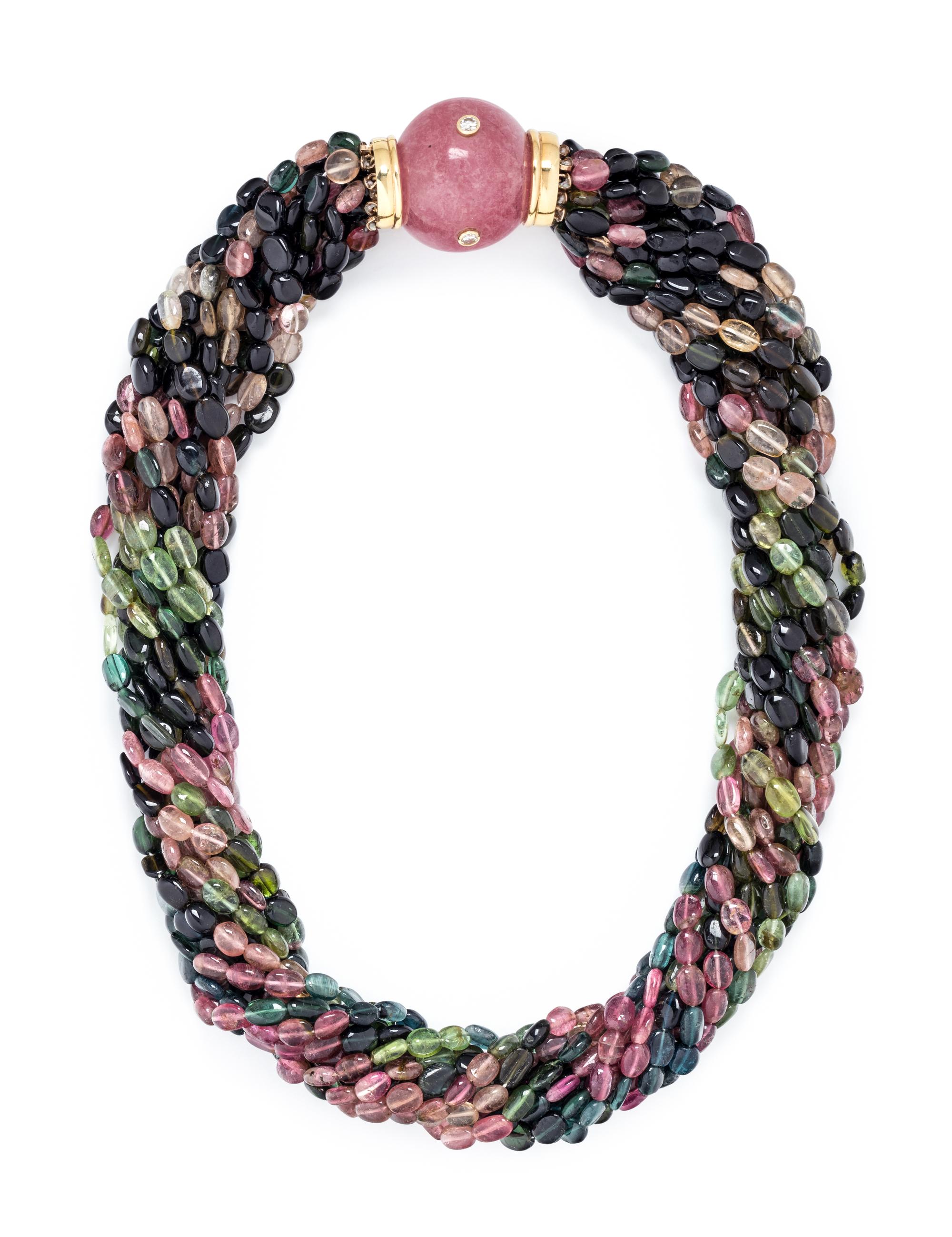 TOURMALINE, GLASS AND DIAMOND TORSADE NECKLACE
