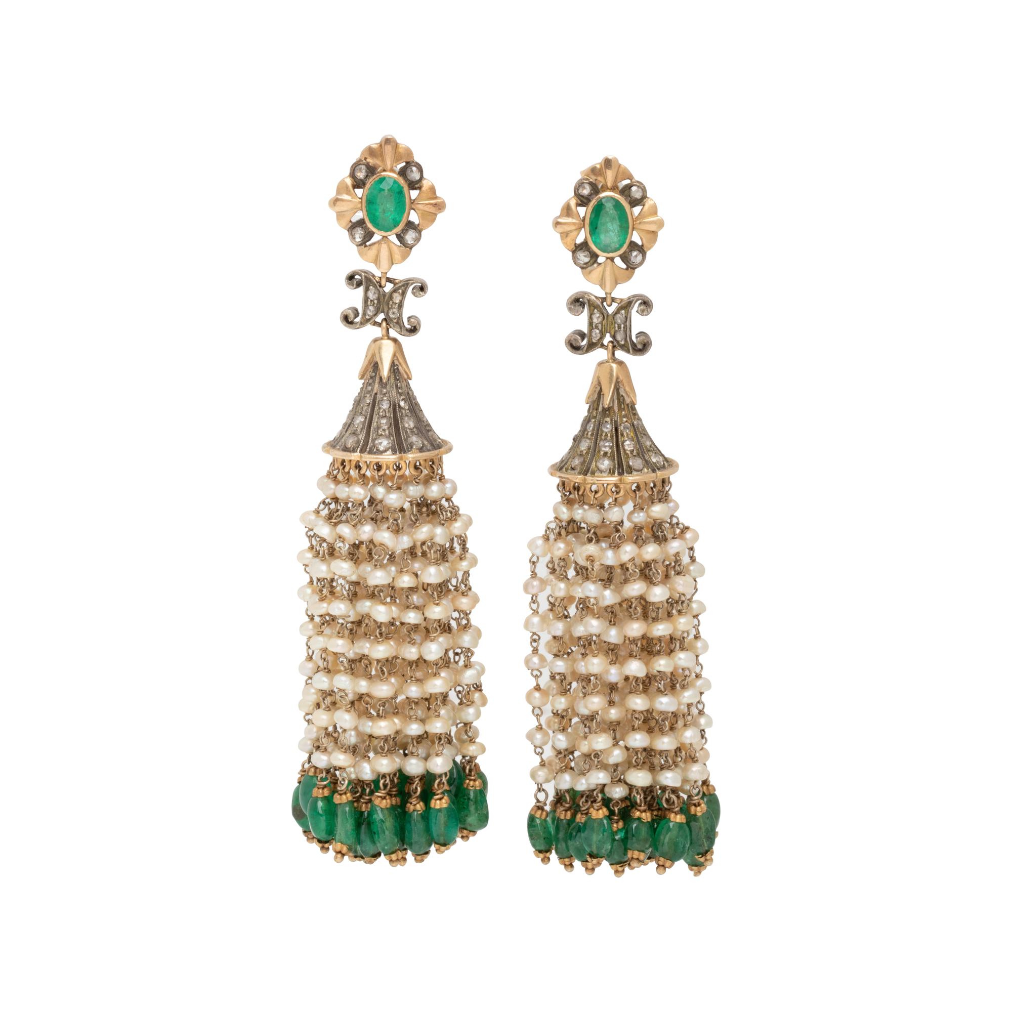 EMERALD, DIAMOND AND SEED PEARL EARRINGS
