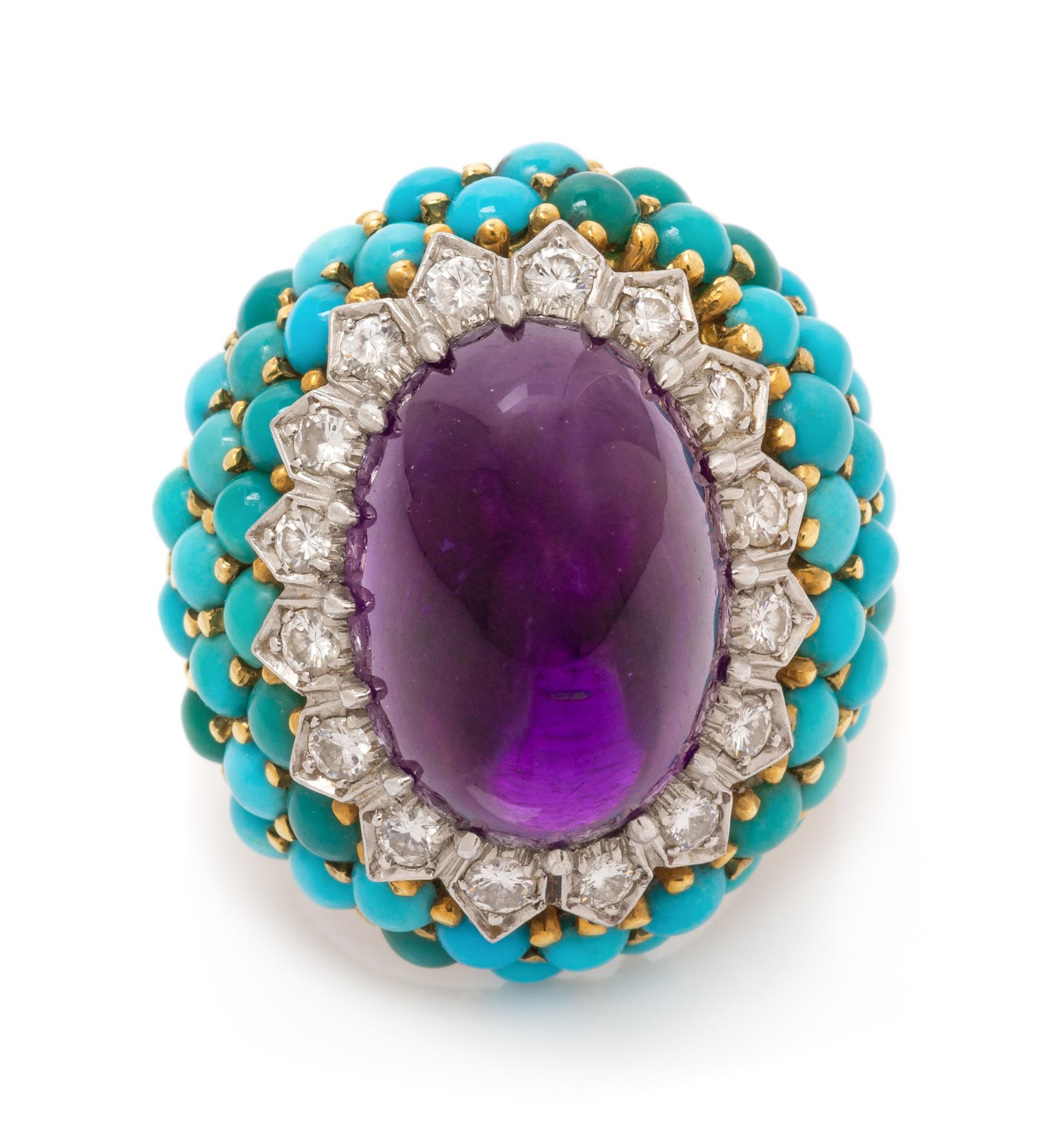 A Yellow Gold, Platinum, Amethyst, Turquoise and Diamond Ring, 16.95 dwts.