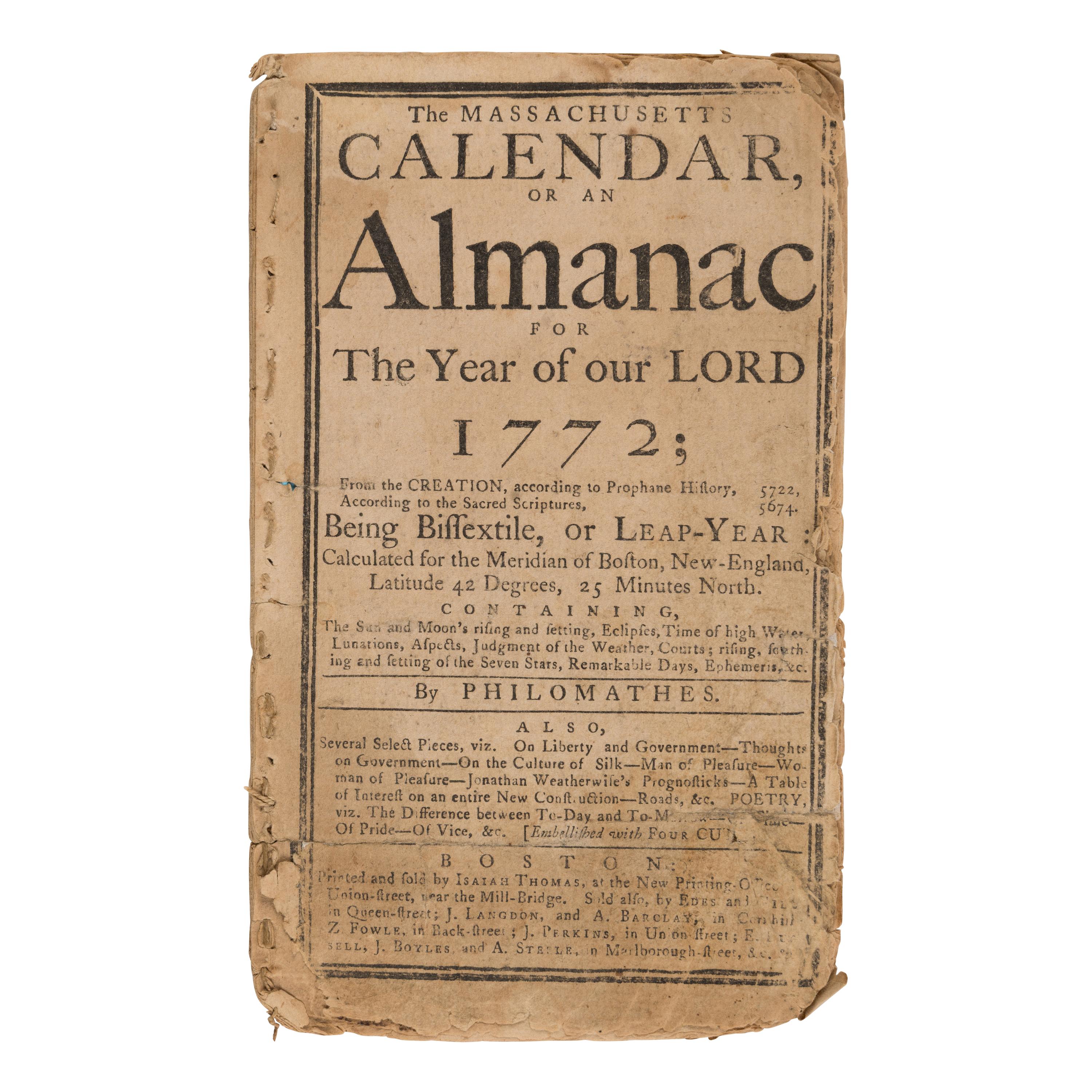 [Revere, Paul (1734-1818)]. Gleason, Ezra. The Massachusetts Calendar, or an Almanac for the Year of our Lord 1772. Boston: Printed and Sold by Isaiah Thomas, 1772.
