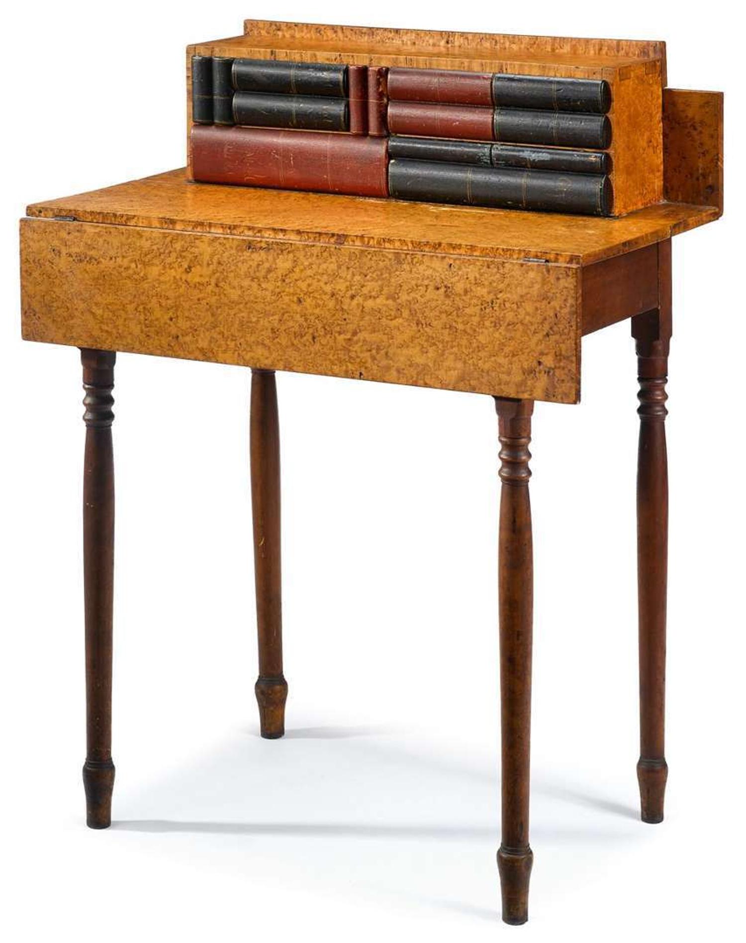 Carved and painted wood and bird's-eye maple desk/table vermont or new york, 19th century