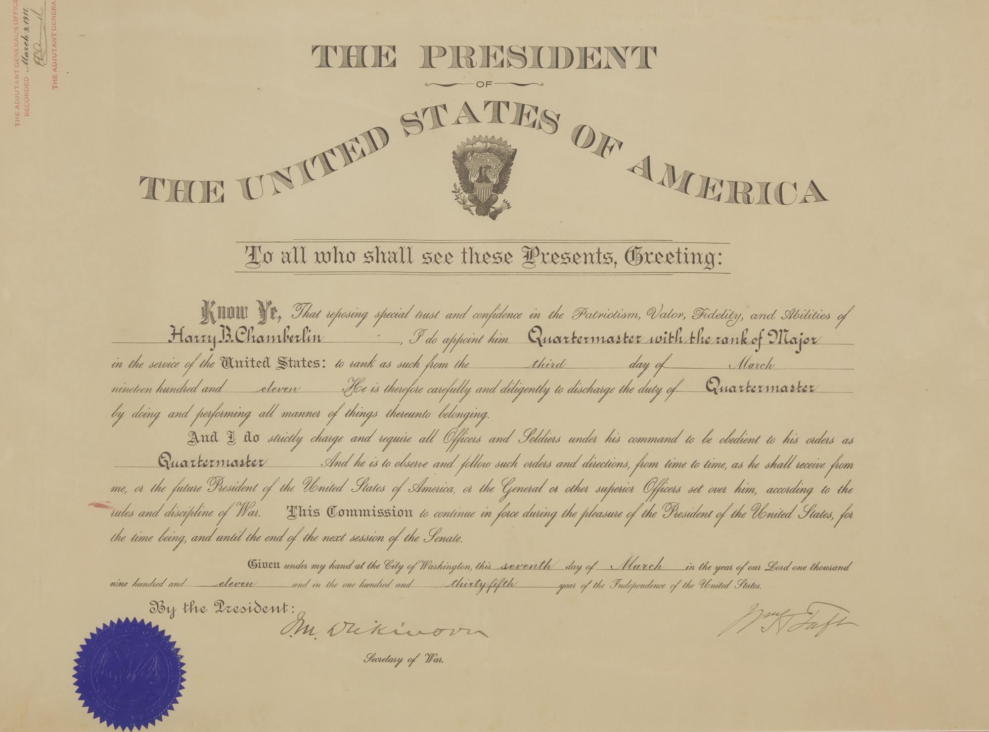 [Presidential] Taft, William H. Signed military commission