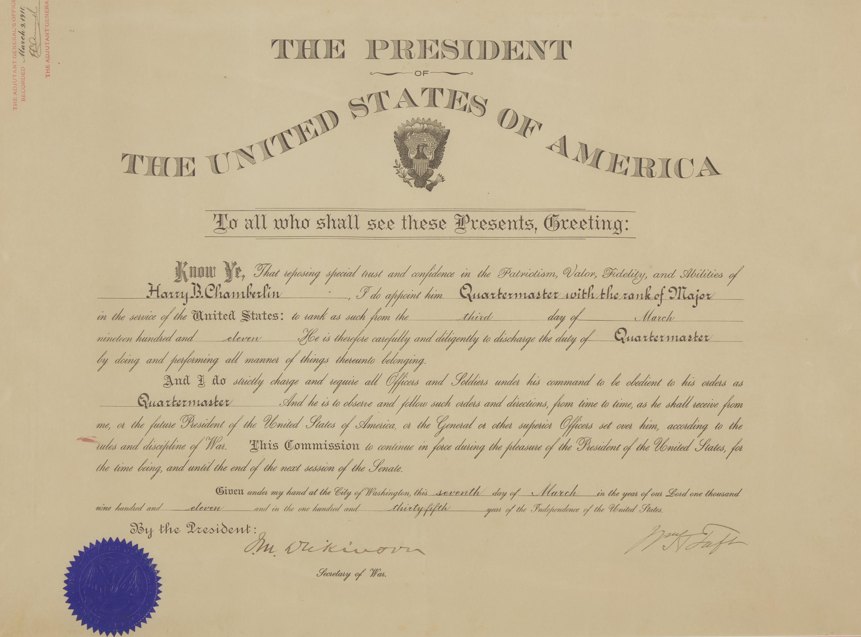 [Presidential] Taft, William H. Signed military commission