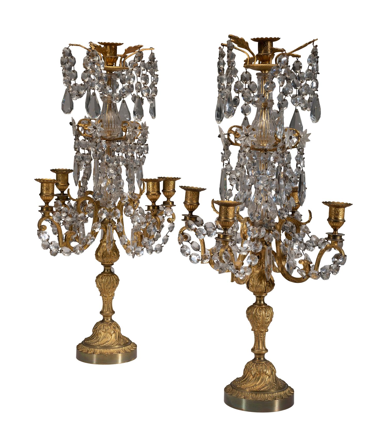A Pair of Gilt-Bronze and Crystal Five-Light Candelabra