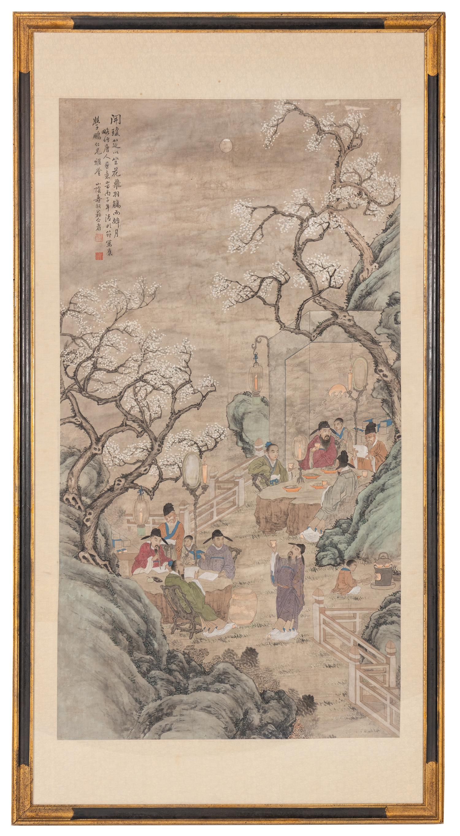 A Chinese Ink and Color on Paper Painting Depicting a Gathering Scene of Scholars