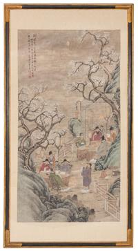A Chinese Ink and Color on Paper Painting Depicting a Gathering Scene of Scholars