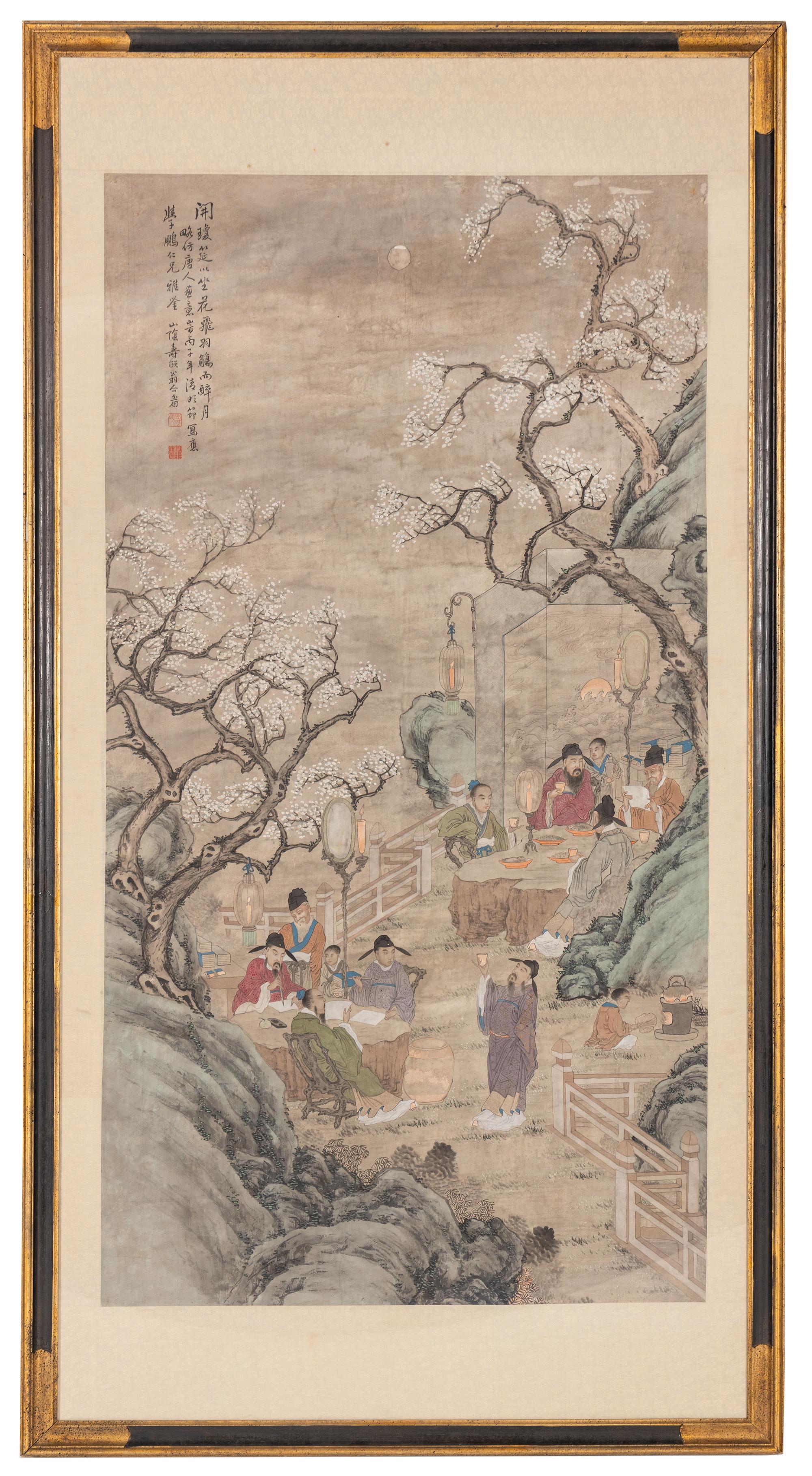 A Chinese Ink and Color on Paper Painting Depicting a Gathering Scene of Scholars