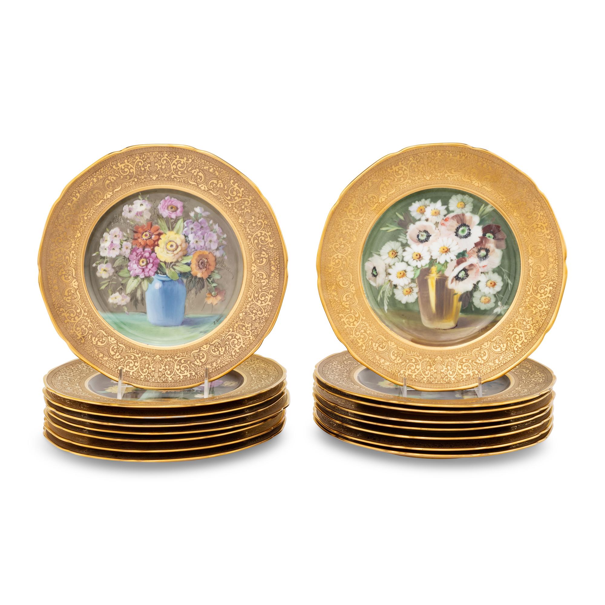A Set of Sixteen Continental Gilt and Polychrome Painted Cabinet Plates