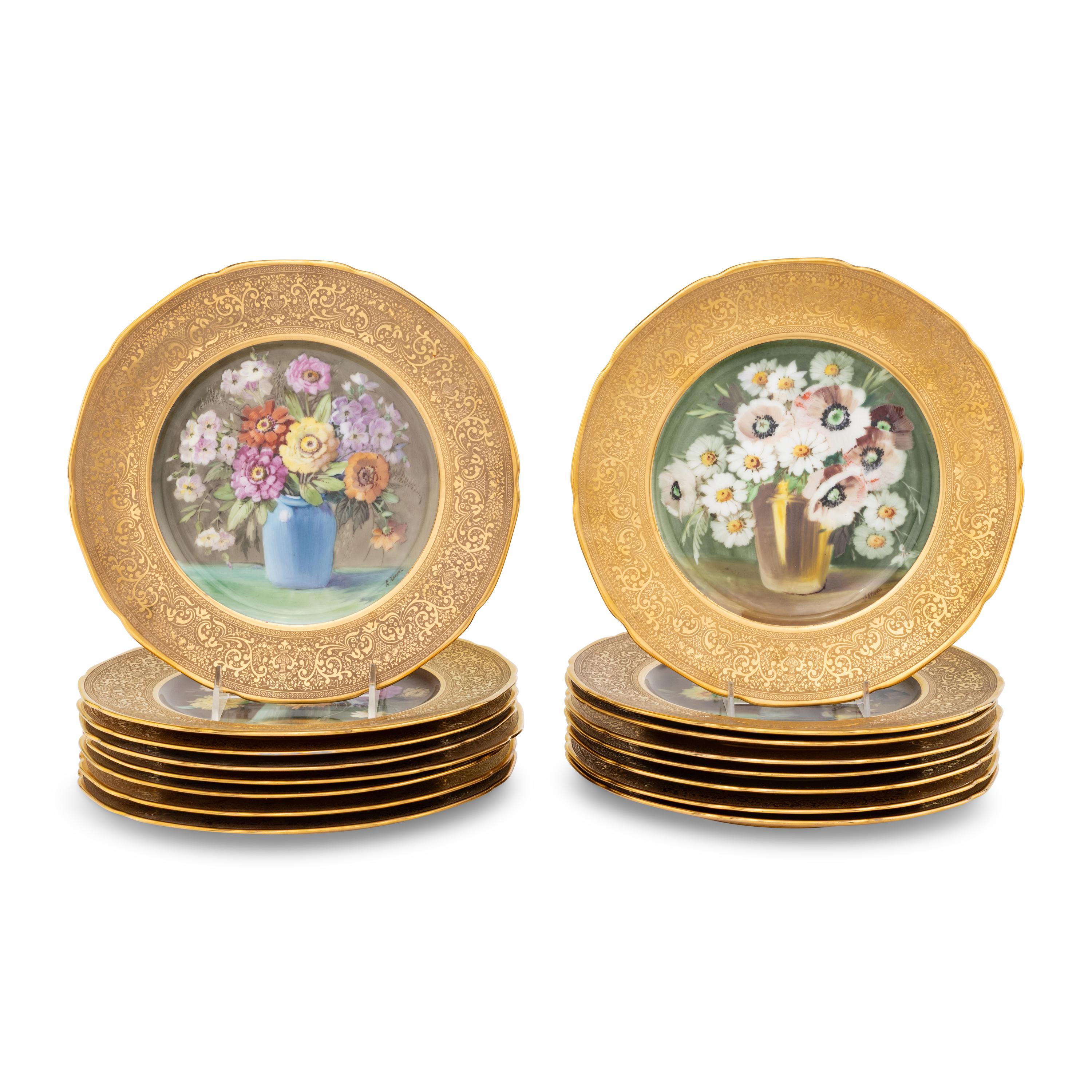 A Set of Sixteen Continental Gilt and Polychrome Painted Cabinet Plates