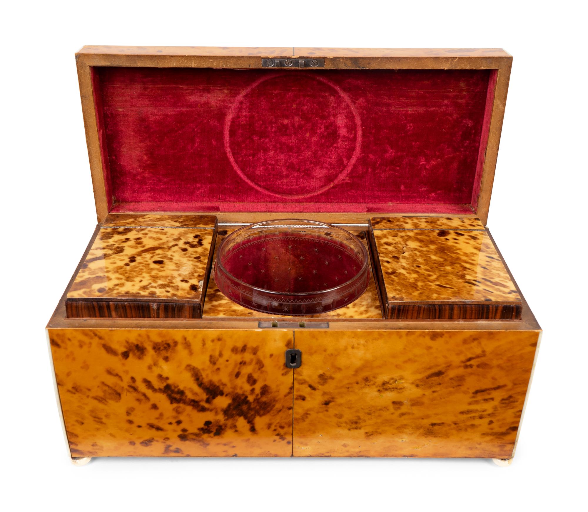 A George III Tortoiseshell and Green-Stained Tortoiseshell Inlay Tea Caddy — LATE 18TH CENTURY
