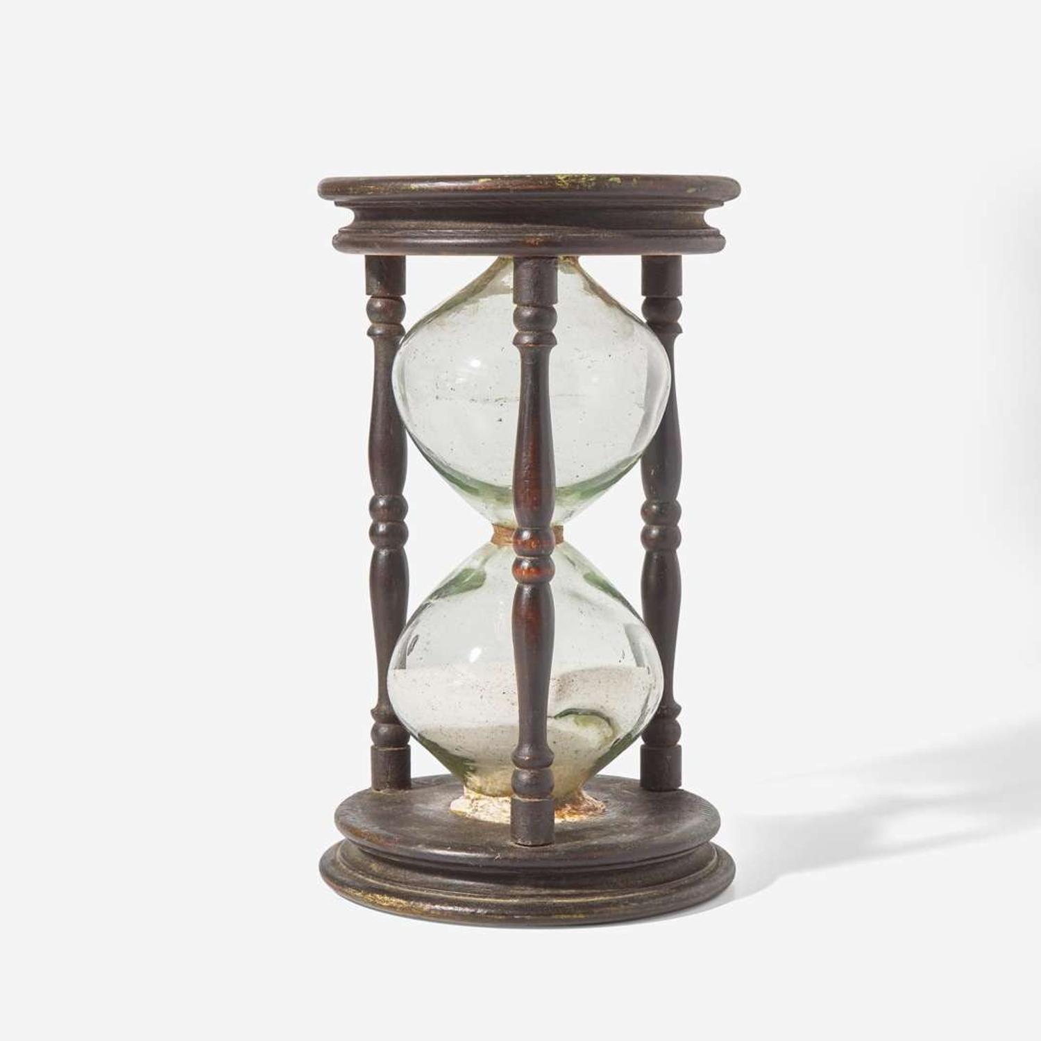 A rare large painted pine and blown glass sand timer or hour glass New England, 18th century