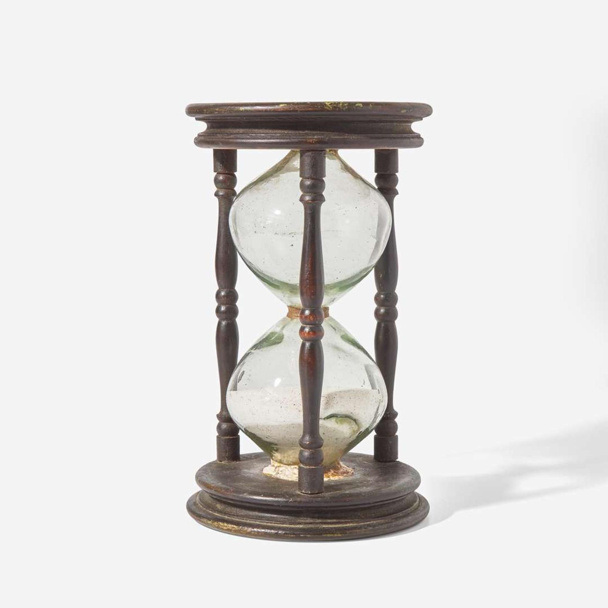 A rare large painted pine and blown glass sand timer or hour glass New England, 18th century