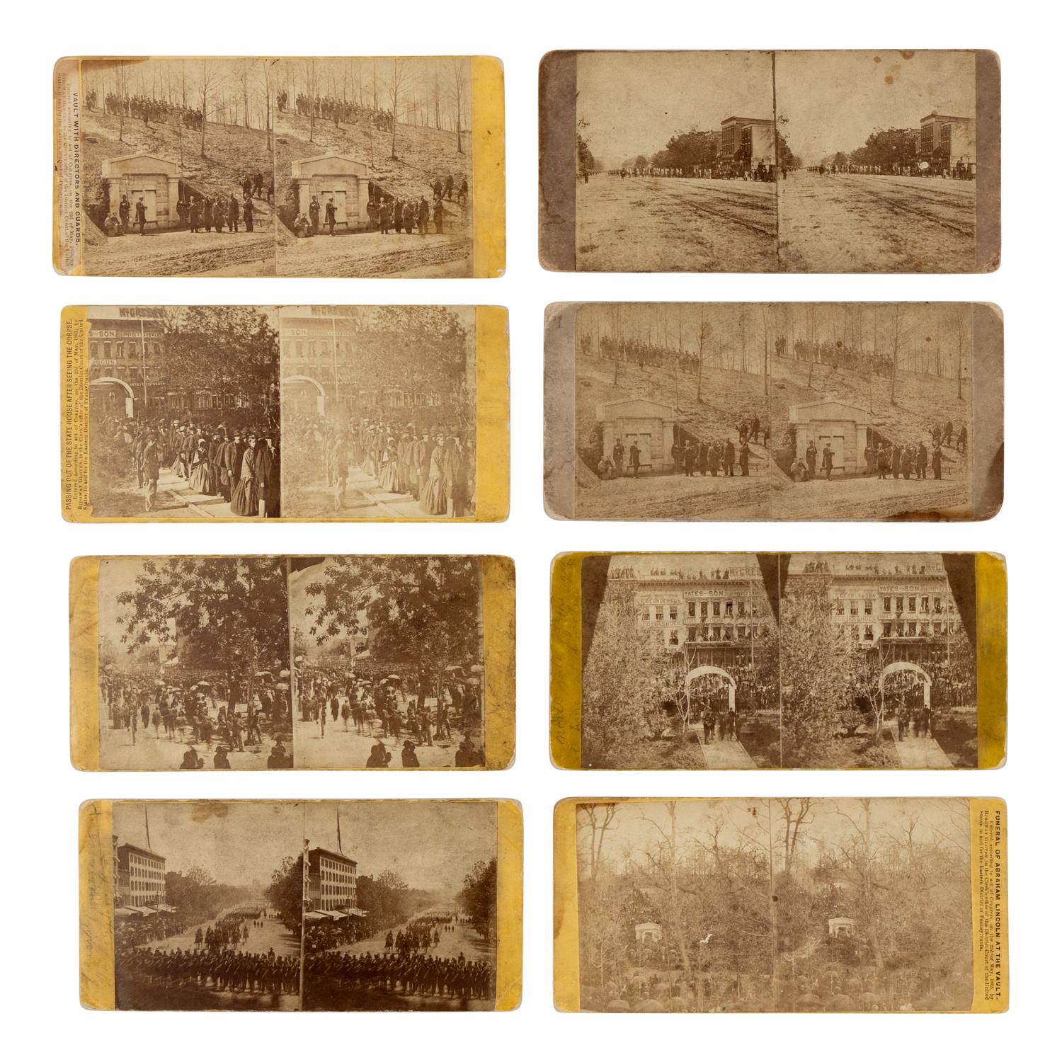 [LINCOLN FUNERAL]. A group of 8 stereoviews showing Lincoln's funeral procession and tomb.