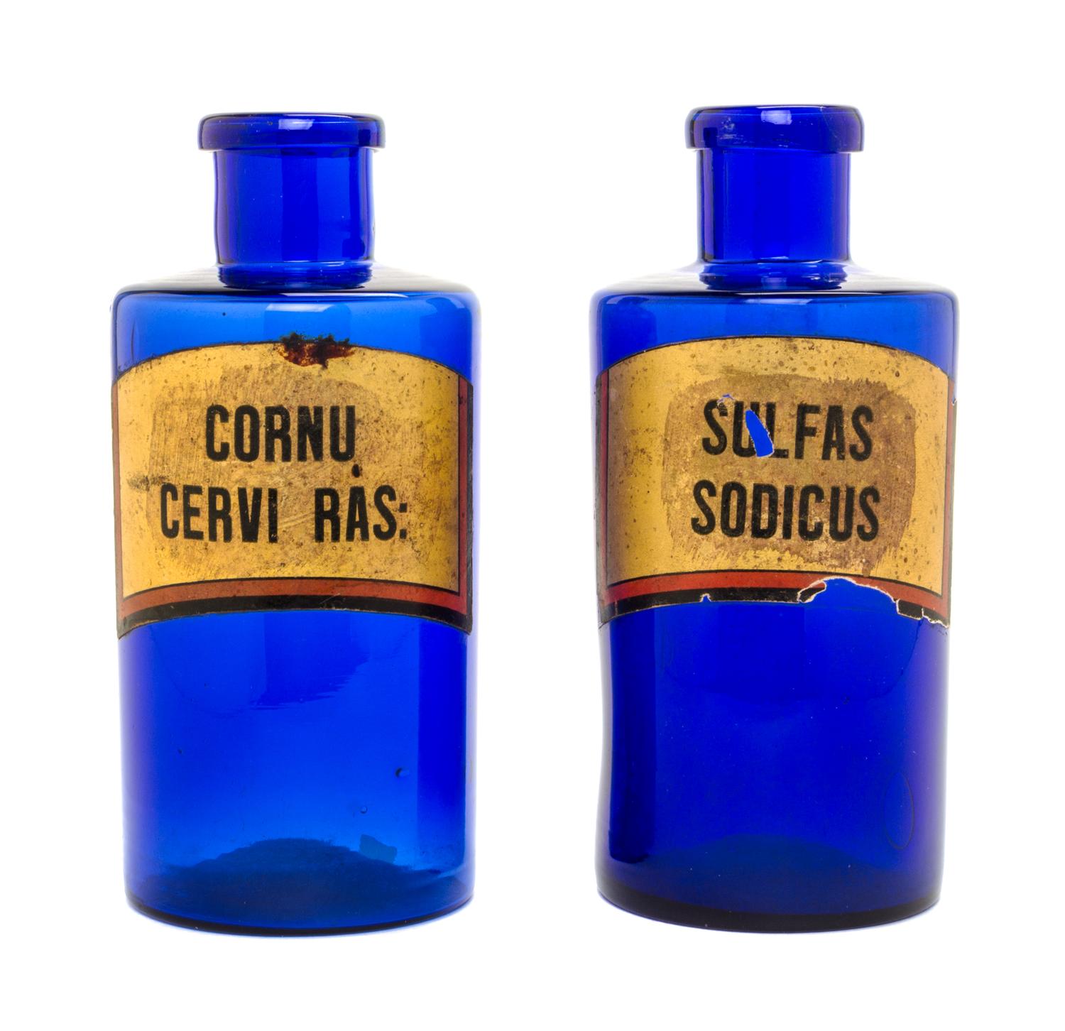 Two Cobalt Glass Pharmaceutical Bottles Height 7 3/4 inches. — 19TH CENTURY