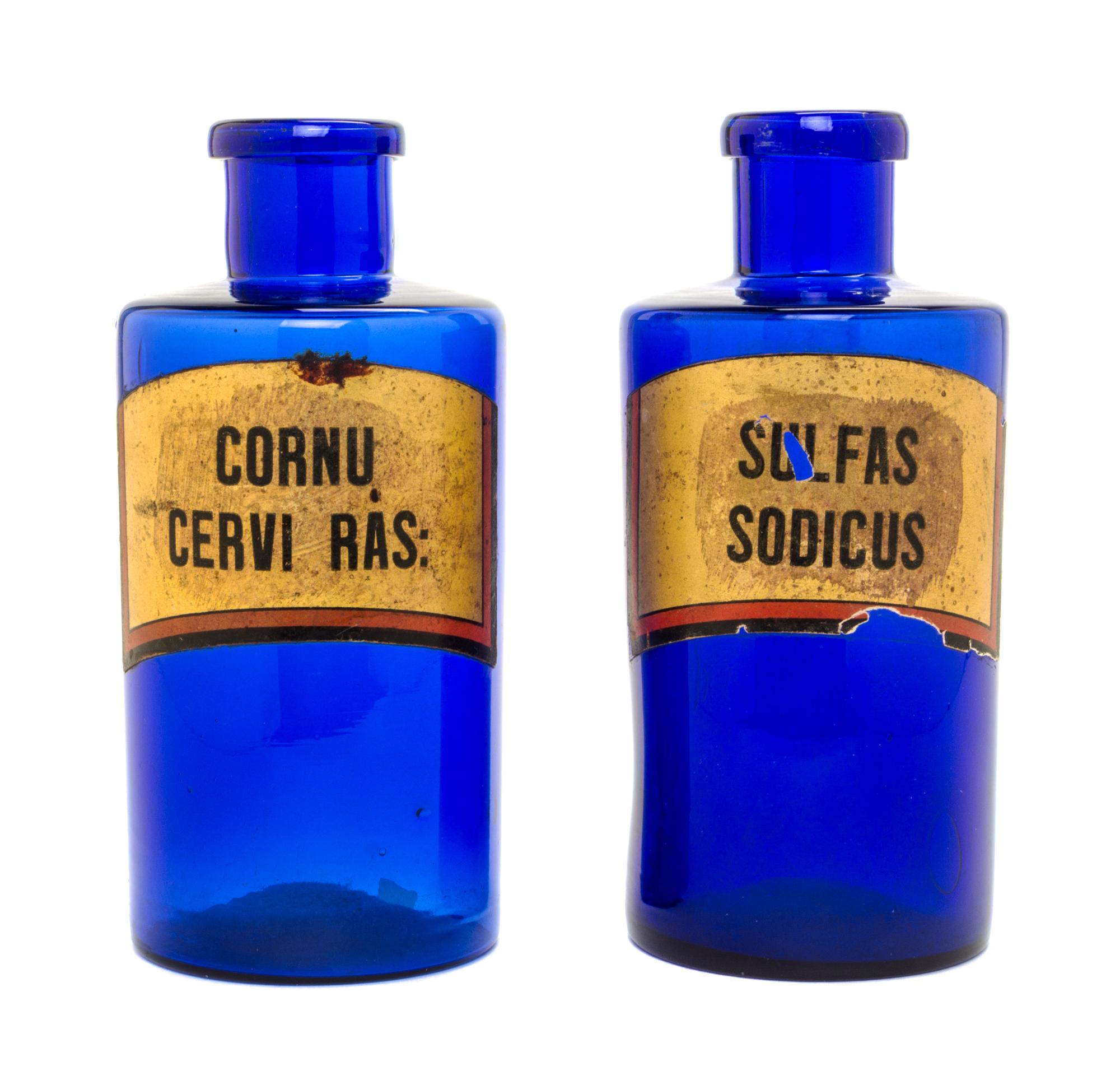 Two Cobalt Glass Pharmaceutical Bottles Height 7 3/4 inches. — 19TH CENTURY