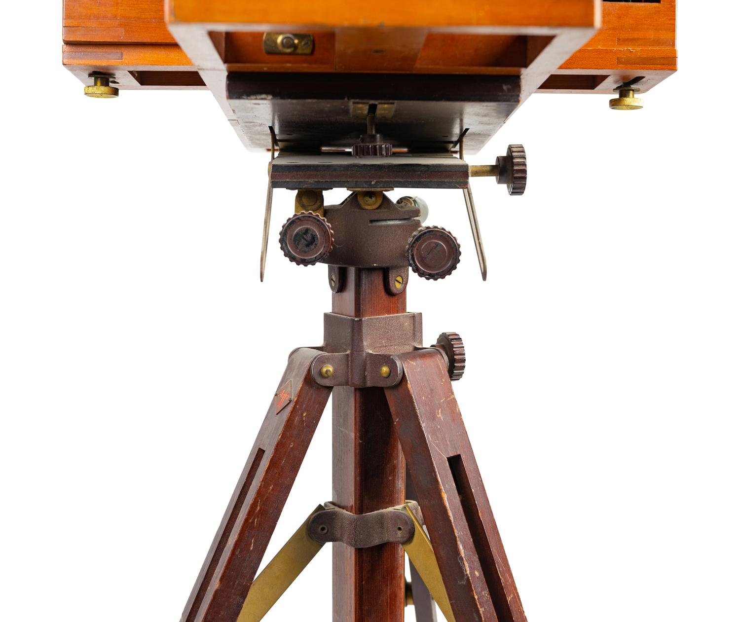 A Voigtländer & Sohn Brass and Walnut Tintype Camera with Tripod Stand