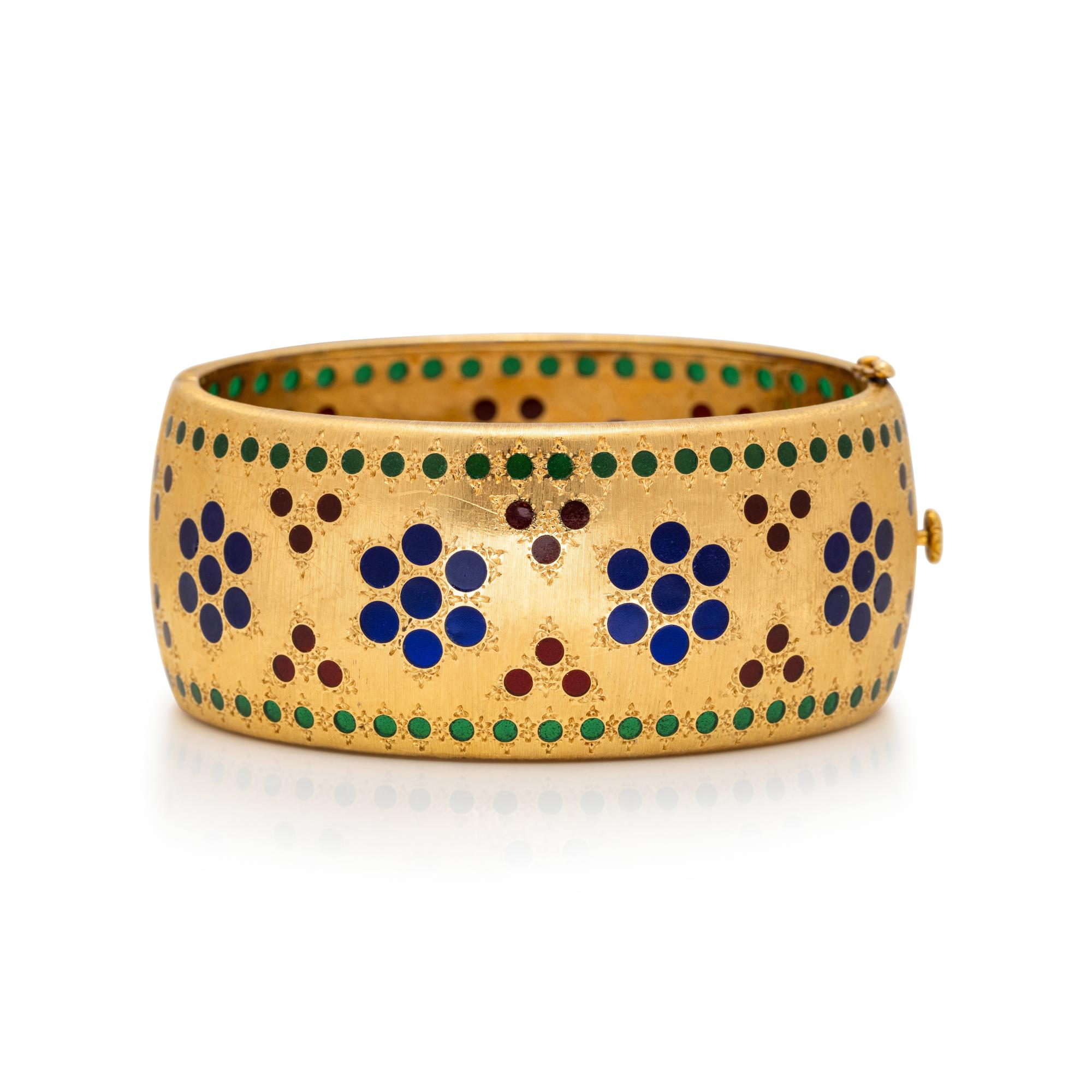 BUCCELLATI, YELLOW GOLD AND PLIQUE-À-JOUR ENAMEL BANGLE BRACELET