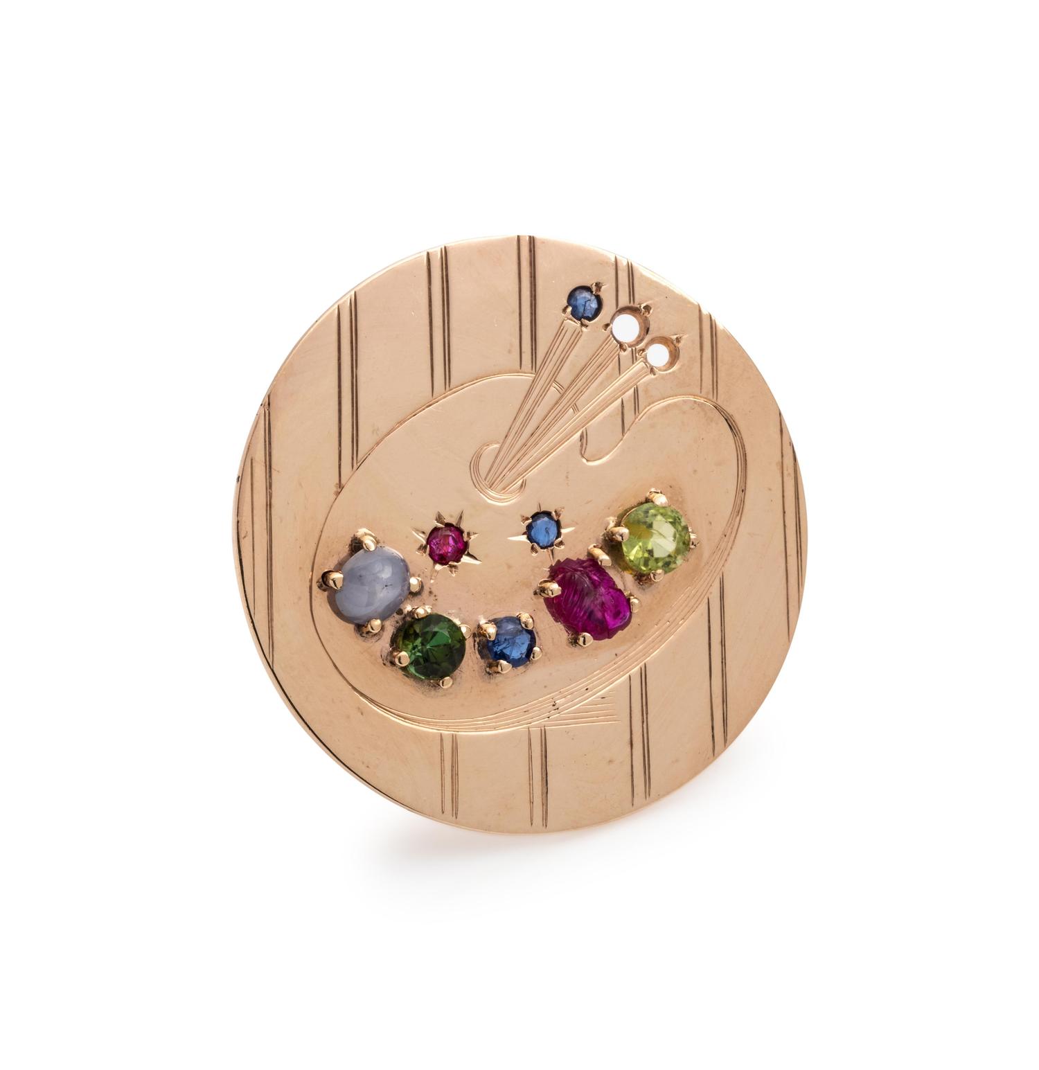 YELLOW GOLD AND MULTIGEM PAINTER'S PALETTE BROOCH