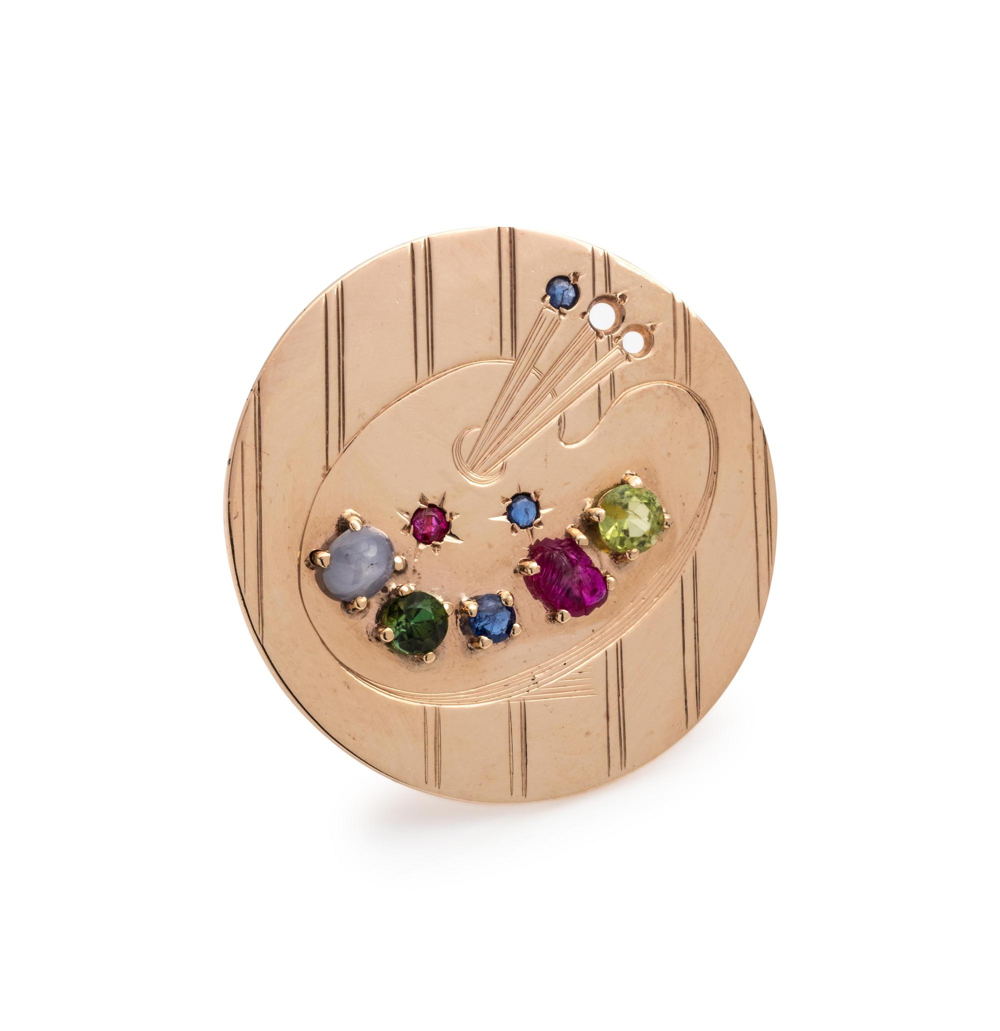 YELLOW GOLD AND MULTIGEM PAINTER'S PALETTE BROOCH