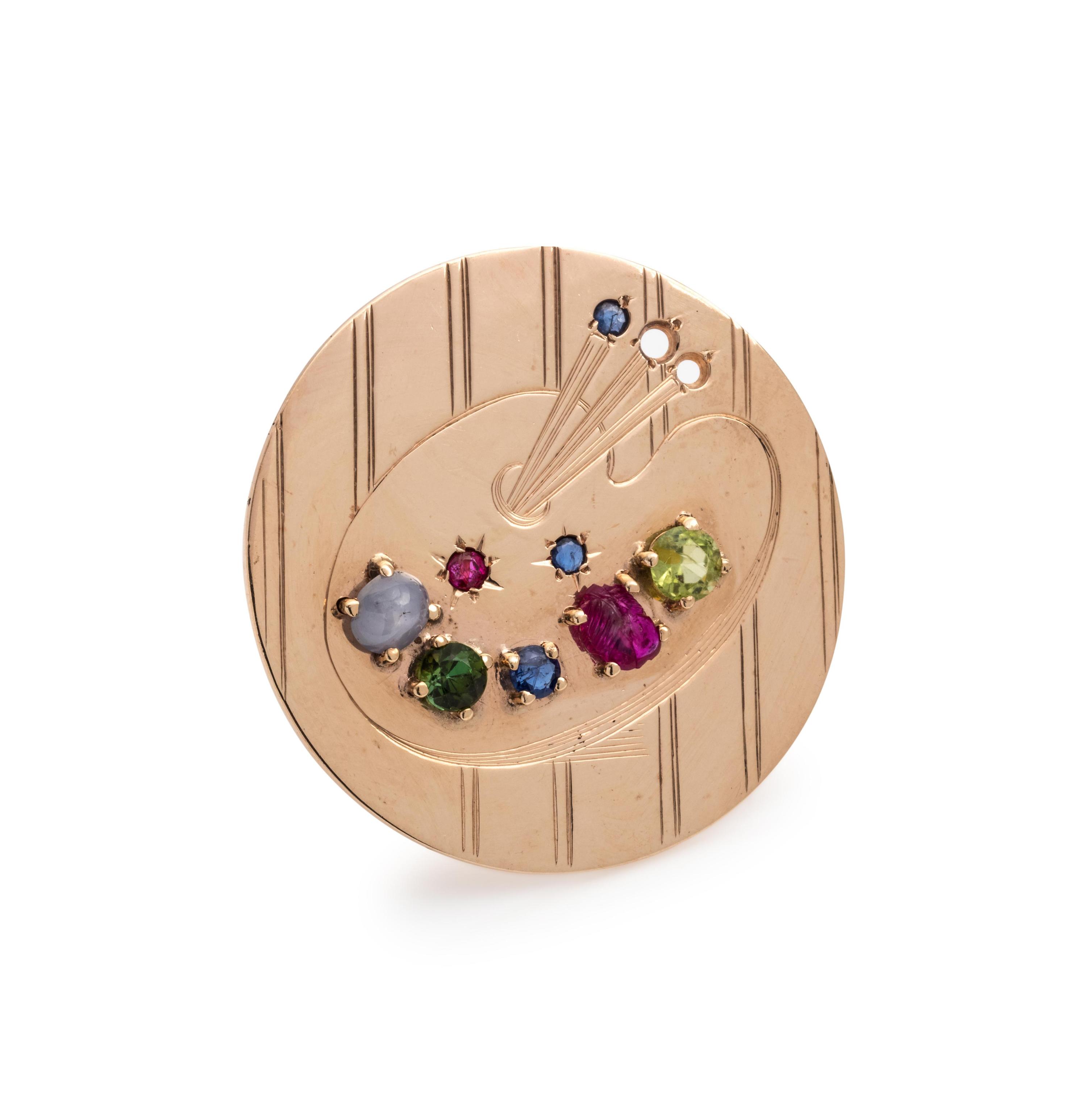 YELLOW GOLD AND MULTIGEM PAINTER'S PALETTE BROOCH