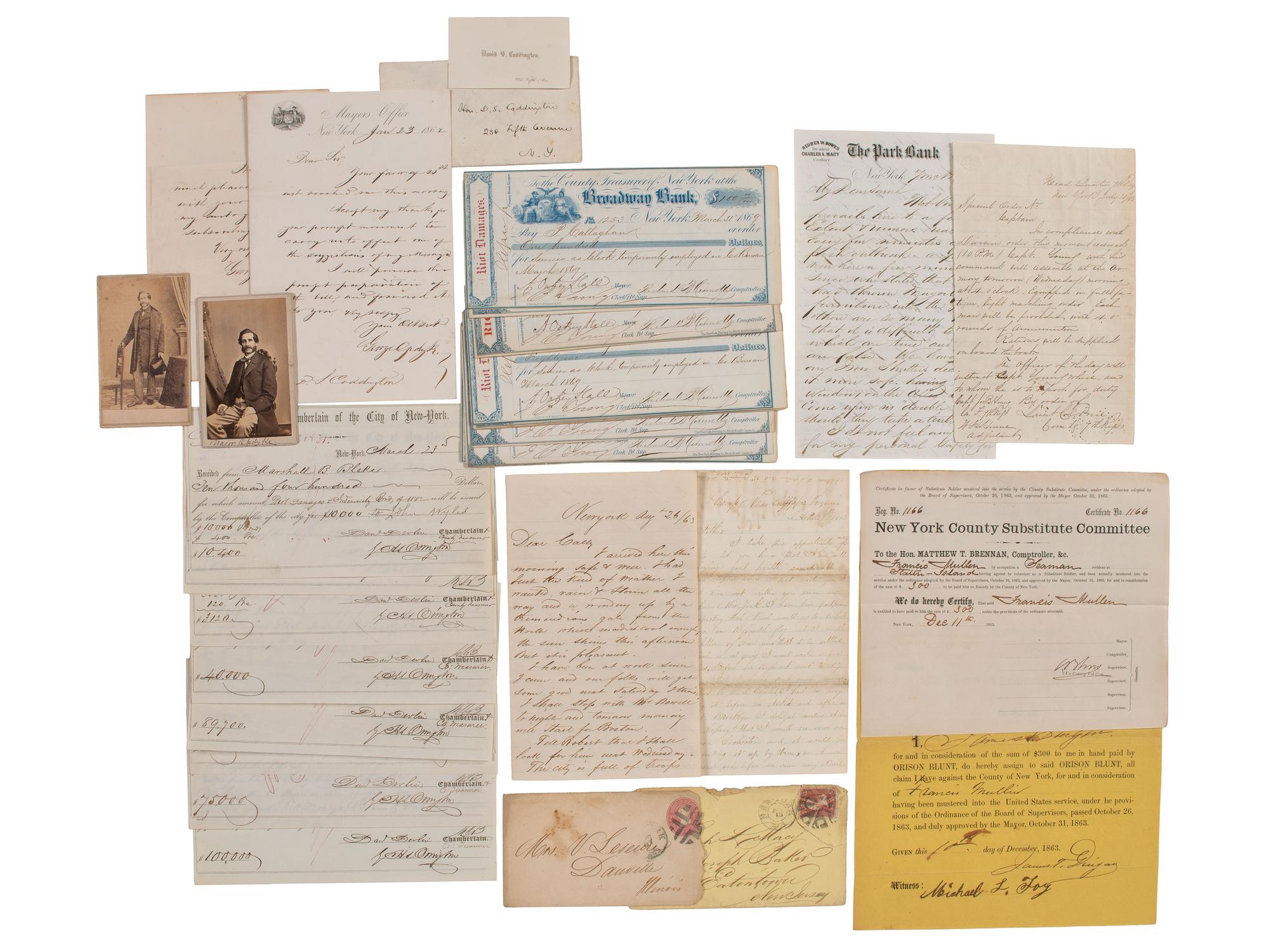 [CIVIL WAR] -- [DRAFT RIOTS]. Archive related to the New York City Draft Riots of 1863, incl. substitute bounty forms, correspondence, damage reimbursement checks, and more.